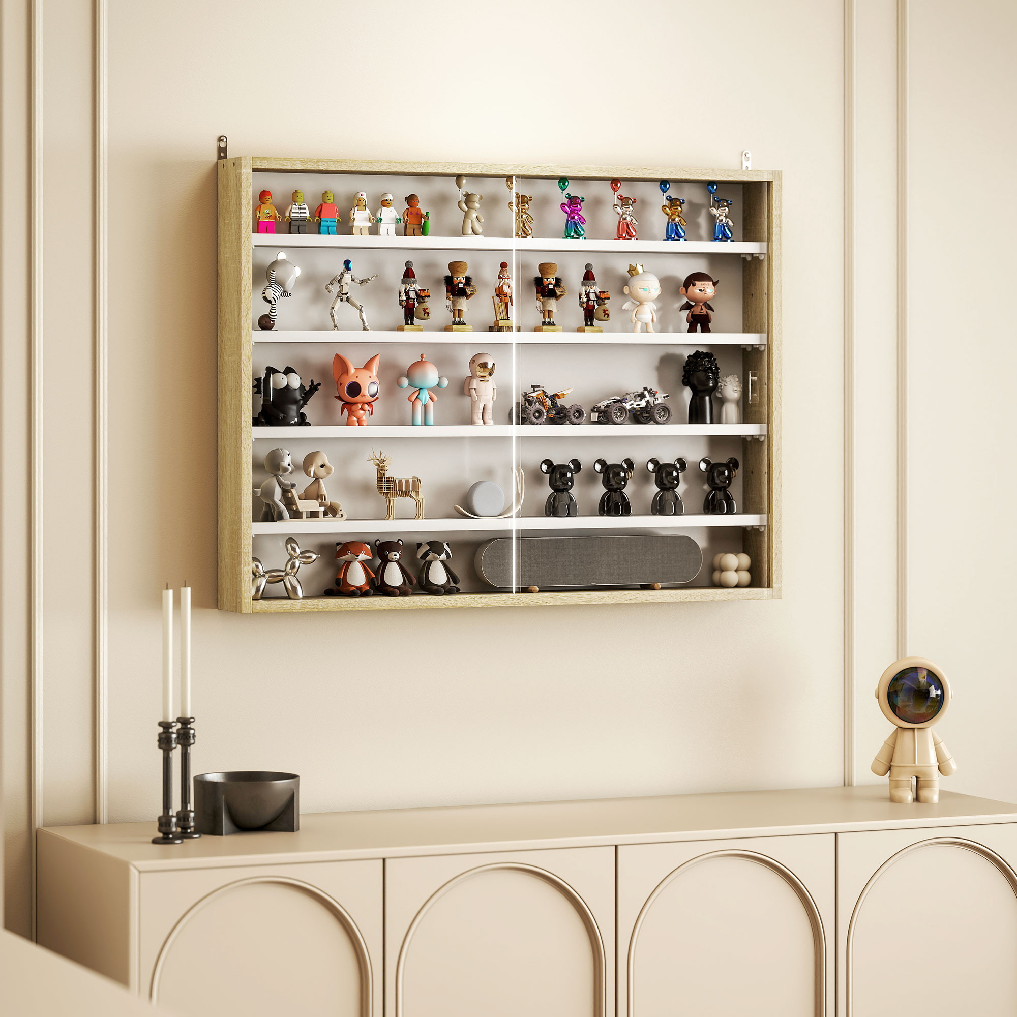 HOMCOM 5-Tier Wall Display Shelf Unit Cabinet w/ 4 Adjustable Shelves Glass Doors Home Office Ornaments 60x80cm Natural 8