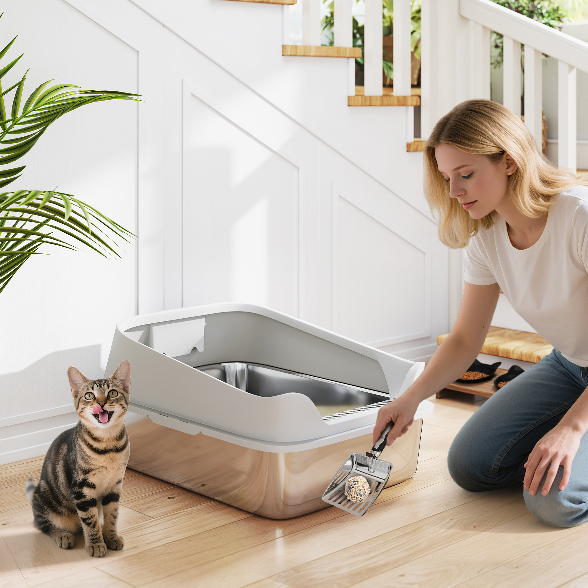 PawHut XL Stainless Steel Cat Litter Box with High Sides, Metal Scoop, 60 x 40 x 30 cm