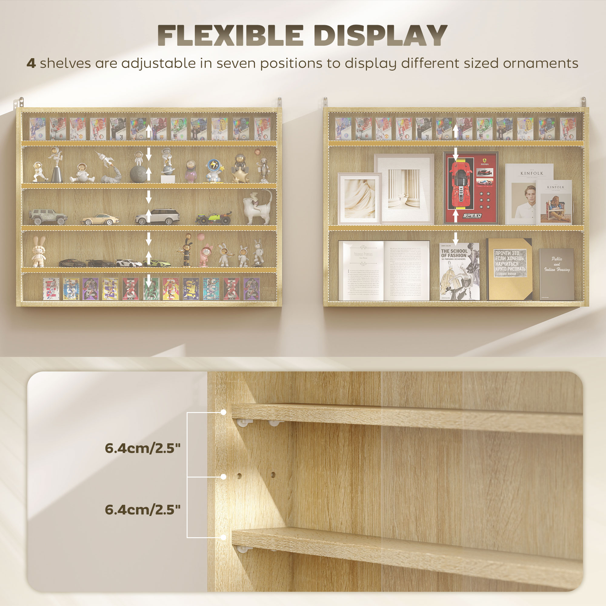 HOMCOM 5-Tier Wall Display Shelf Unit Cabinet w/ 4 Adjustable Shelves Glass Doors Home Office Ornaments 60x80cm Oak 4