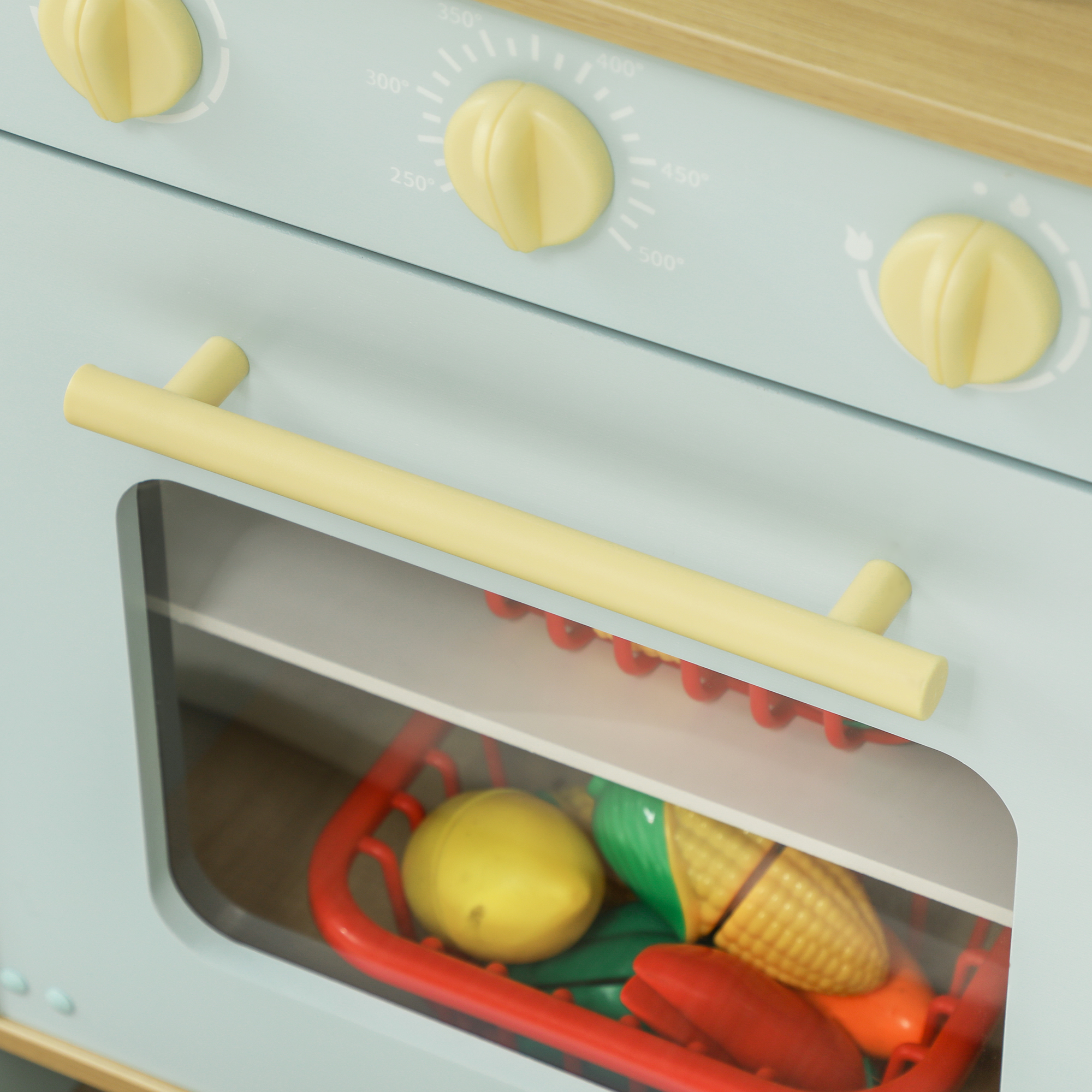 AIYAPLAY Pretend Play Kitchen, Kids Kitchen Playset with Light & Sound Stove, Turning Knobs, Cooking Accessories 8