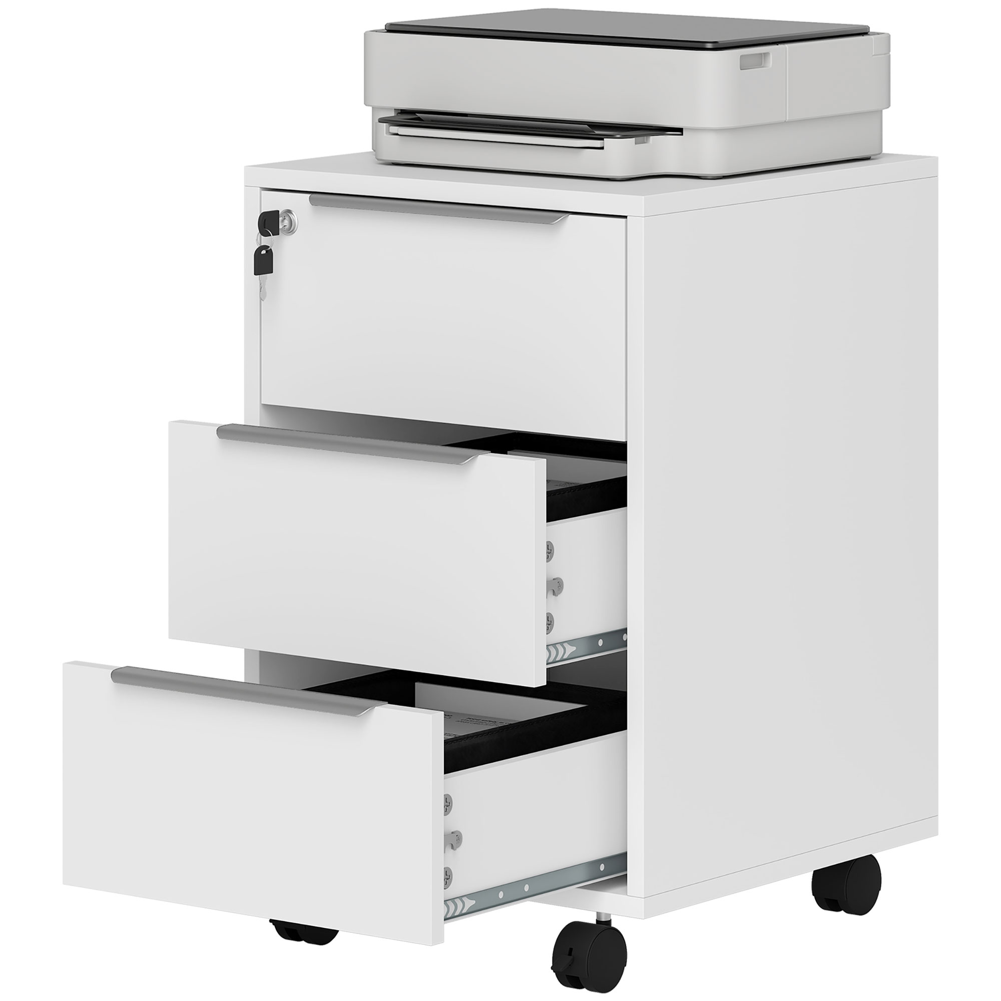 HOMCOM Caisson de bureau à roulettes avec 3 tiroirs et serrure pour dossiers 40 x 40 x 63,5 cm blanc