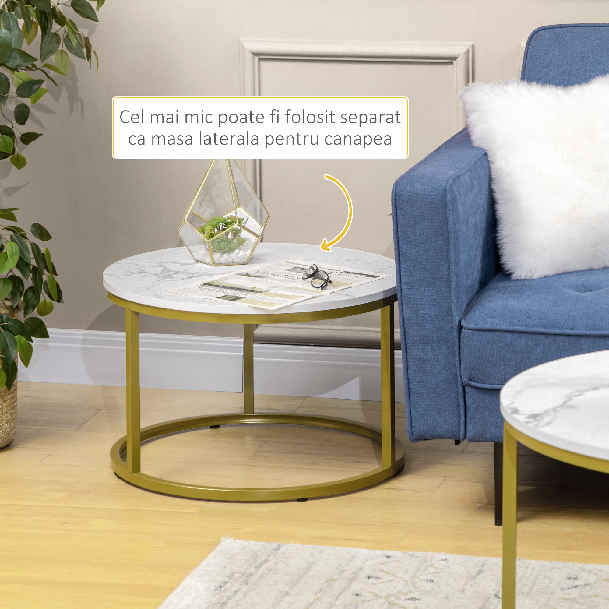  Set 2 Mese Rotunde - Masute Cafea Stivuibile, Alb [5]