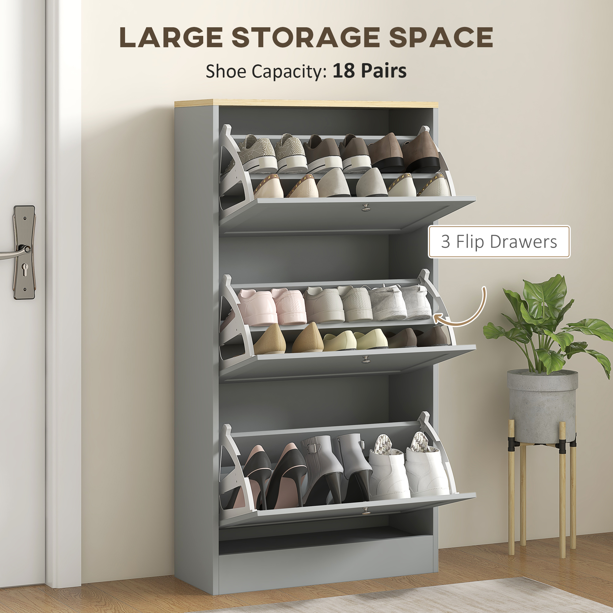 HOMCOM Modern Compact Three-Drawer Shoe Storage Cabinet Grey 4