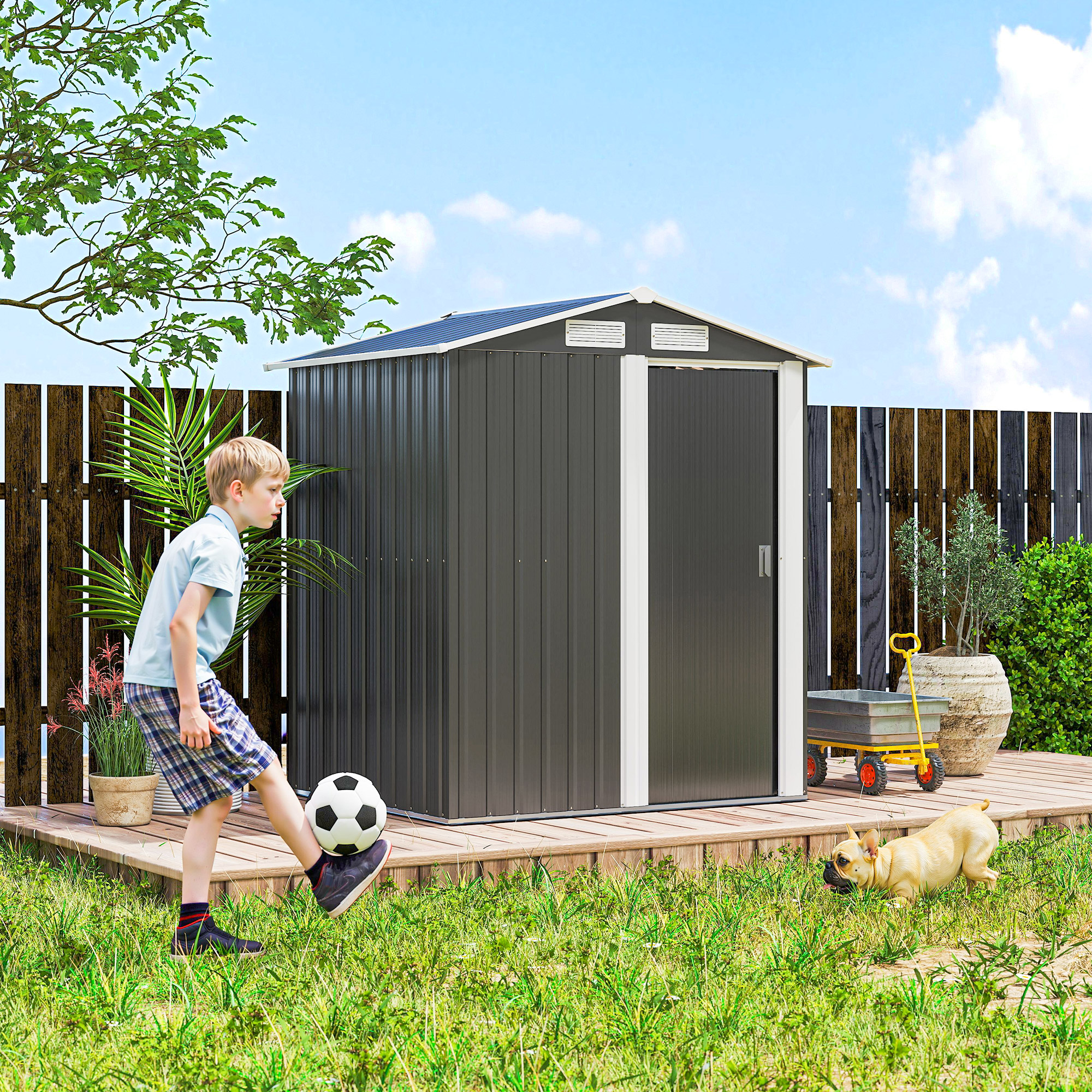 Outsunny Garden Metal Tool Storage Shed with Sliding Door, Sloped Roof and Foundation Kit, 152 x 132 x 188cm, Grey 7