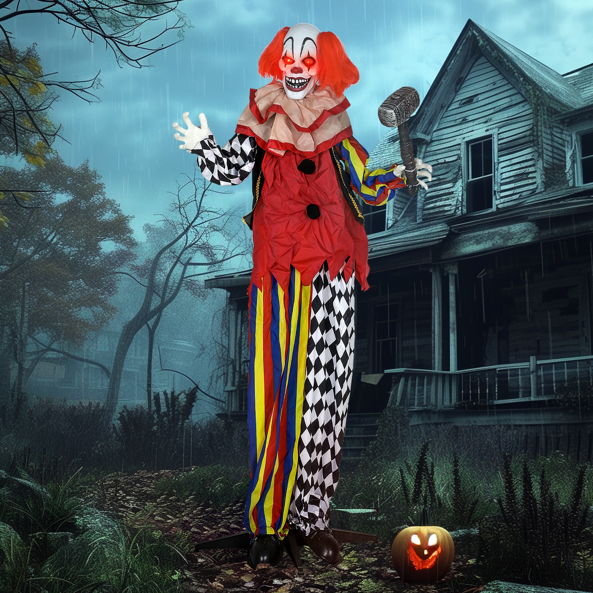 Outsunny 173 cm Life Size Halloween Animated Standing Clown & Hammer with Red Light Up Eyes, Sound Activated Moving Arms & Head, Scary Clown Halloween Decorations, Battery Operated, Indoor Party Props 8