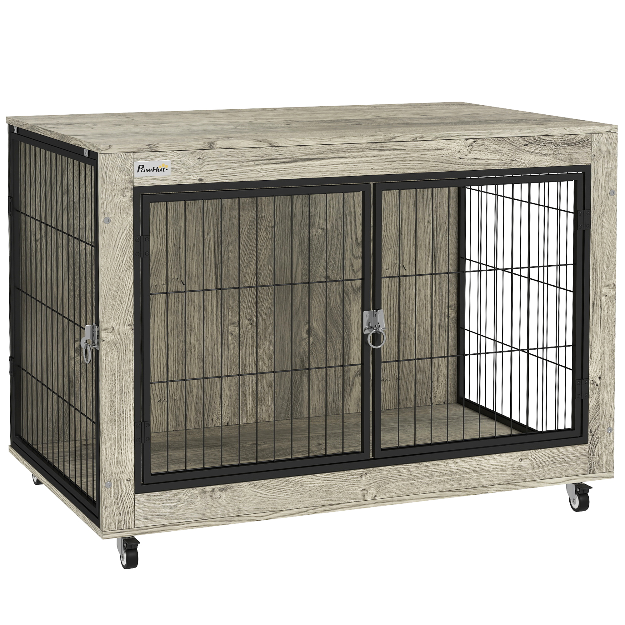 PawHut Dog Crate Furniture with Wheels, Double Doors, for Medium Dogs, Grey