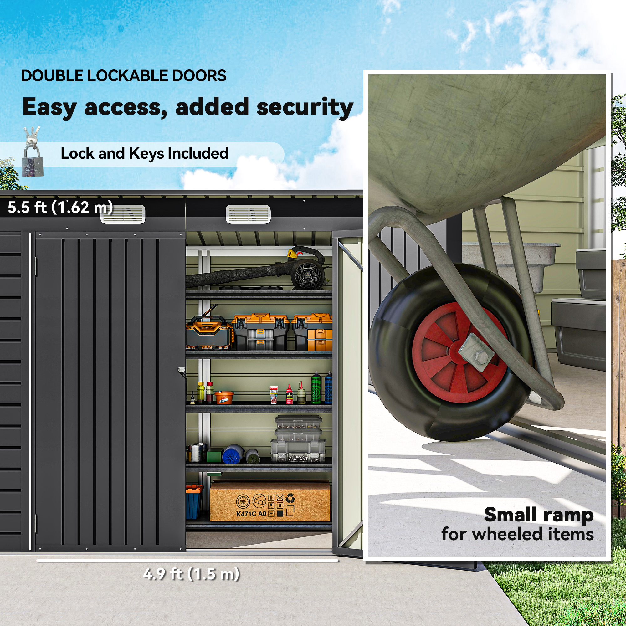 Outsunny 3.7 x 7.9ft Galvanised Steel Shed, with Latched Door and Padlock Grey 6