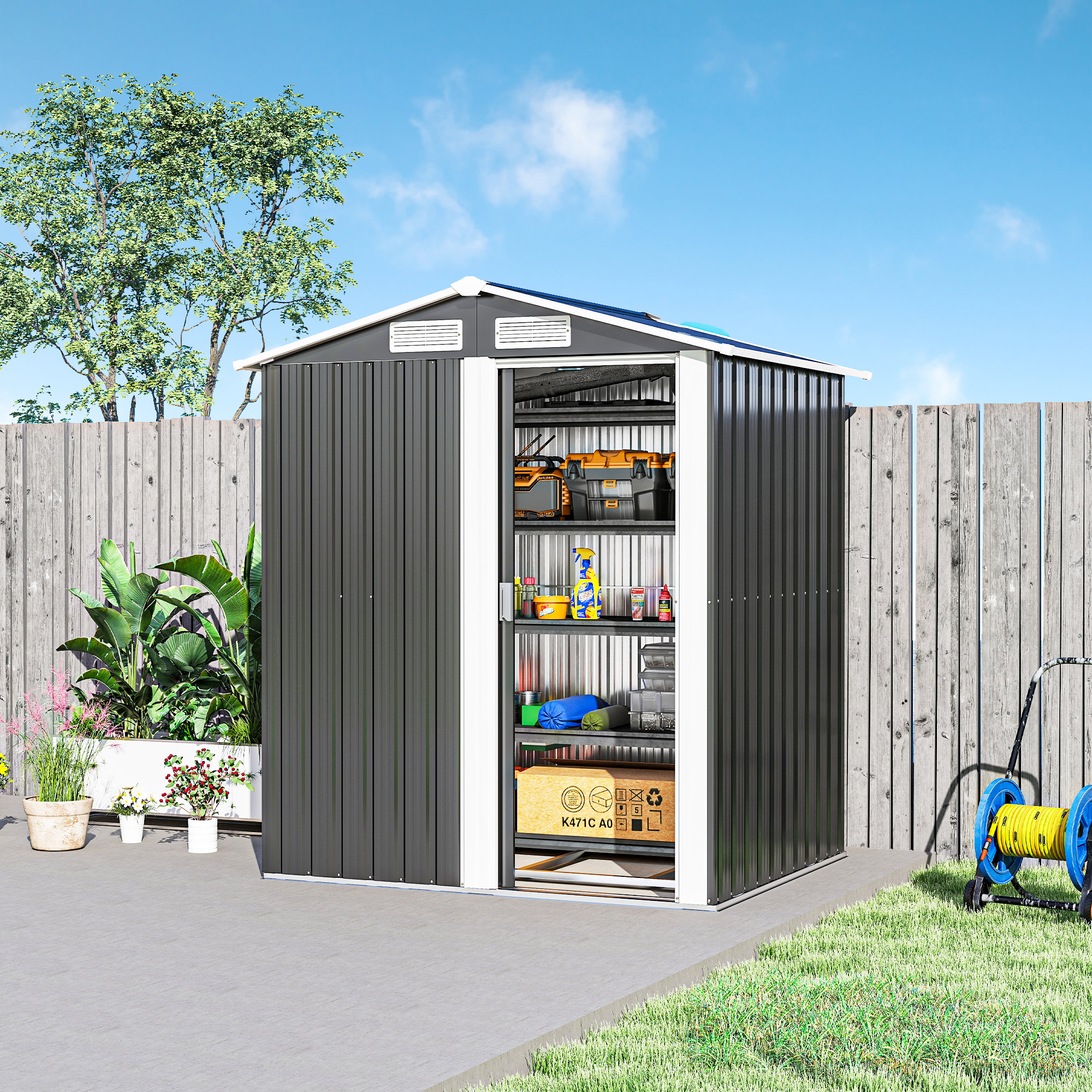 Outsunny Garden Metal Tool Storage Shed with Sliding Door, Sloped Roof and Foundation Kit, 152 x 132 x 188cm, Grey 9