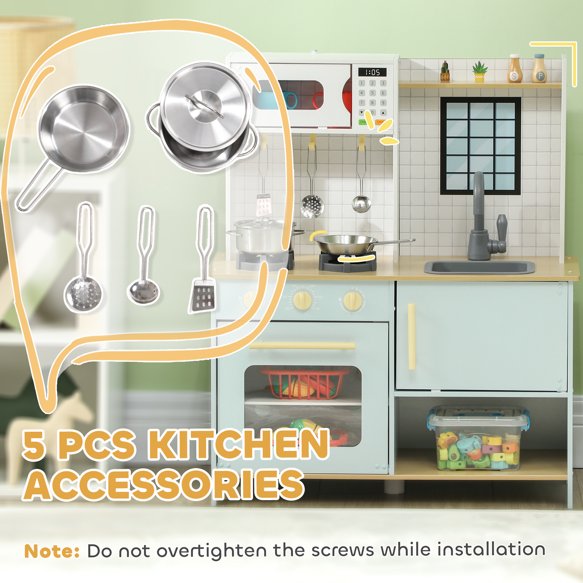 AIYAPLAY Pretend Play Kitchen, Kids Kitchen Playset with Light & Sound Stove, Turning Knobs, Cooking Accessories 5