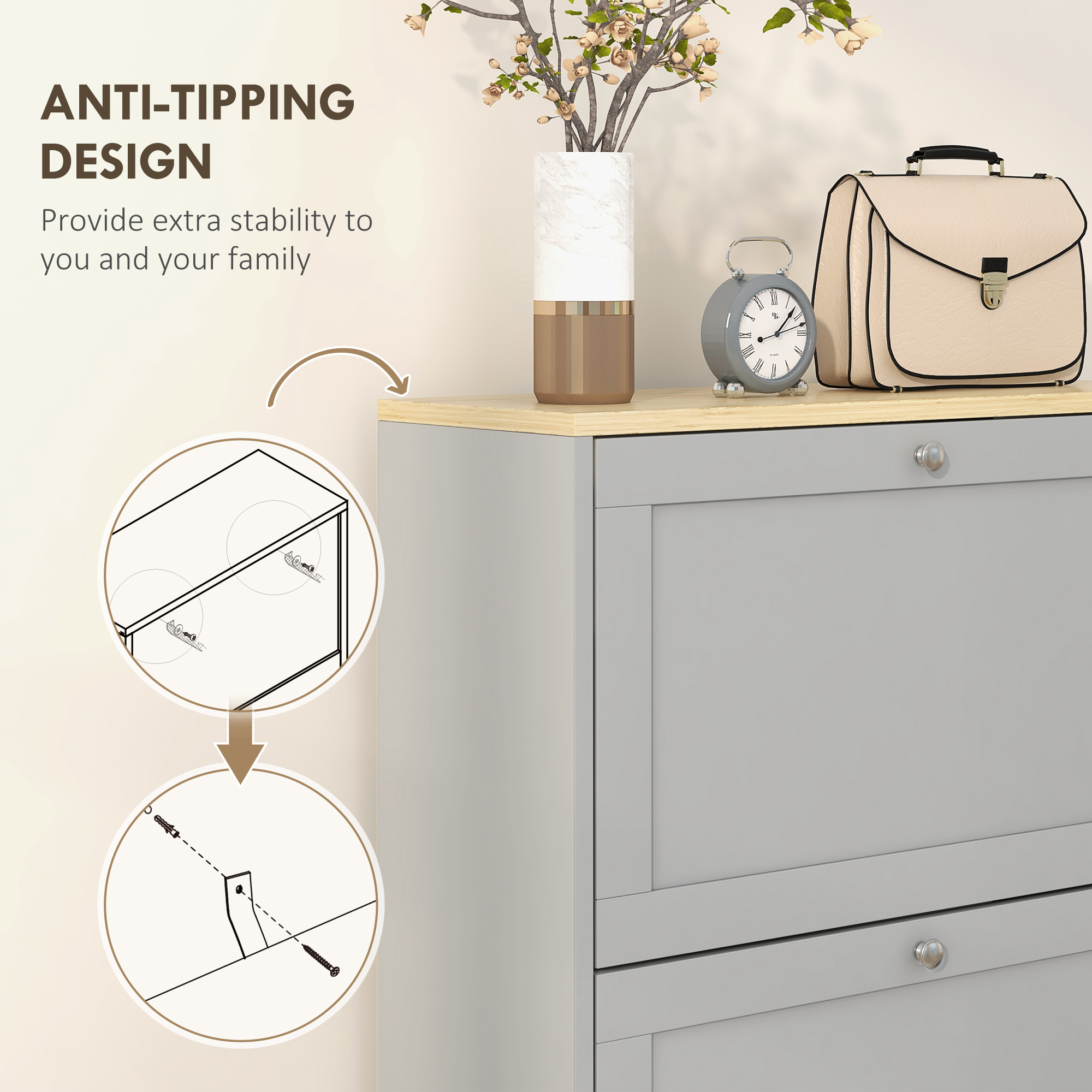 HOMCOM Modern Compact Three-Drawer Shoe Storage Cabinet Grey 7