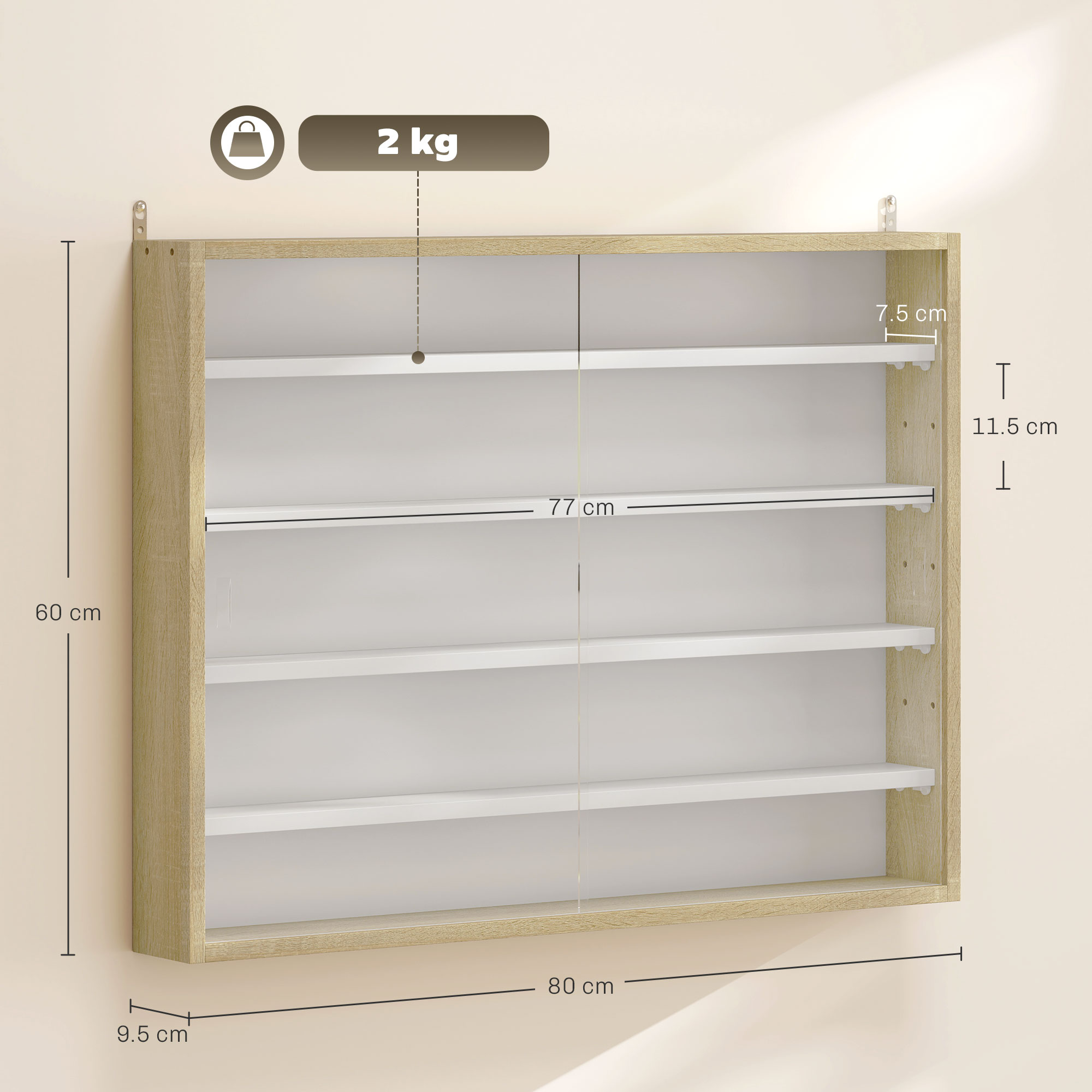 HOMCOM 5-Tier Wall Display Shelf Unit Cabinet w/ 4 Adjustable Shelves Glass Doors Home Office Ornaments 60x80cm Natural 3