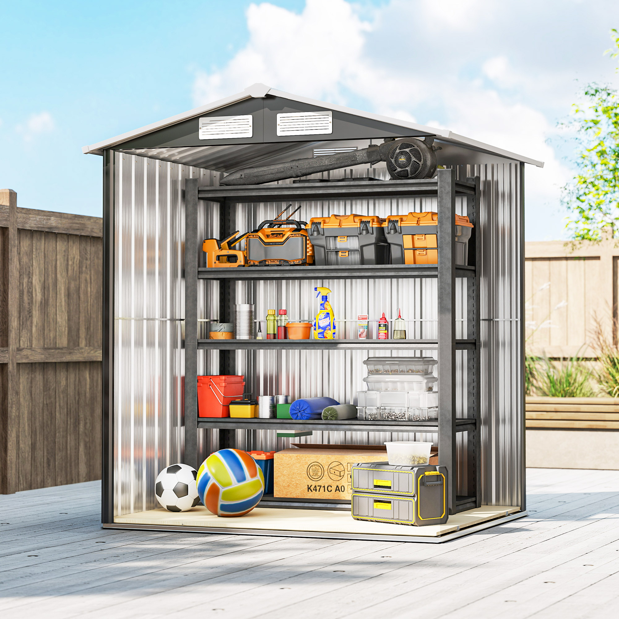 Outsunny Garden Metal Tool Storage Shed with Sliding Door, Sloped Roof and Foundation Kit, 152 x 132 x 188cm, Grey 8