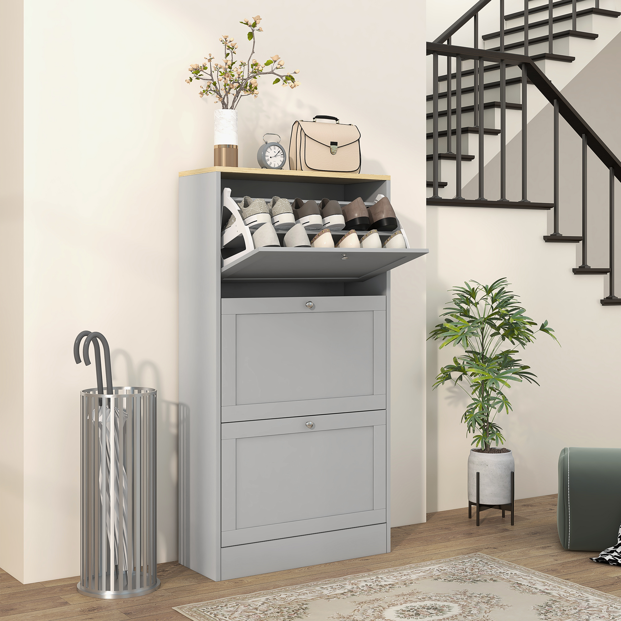 HOMCOM Modern Compact Three-Drawer Shoe Storage Cabinet Grey 2