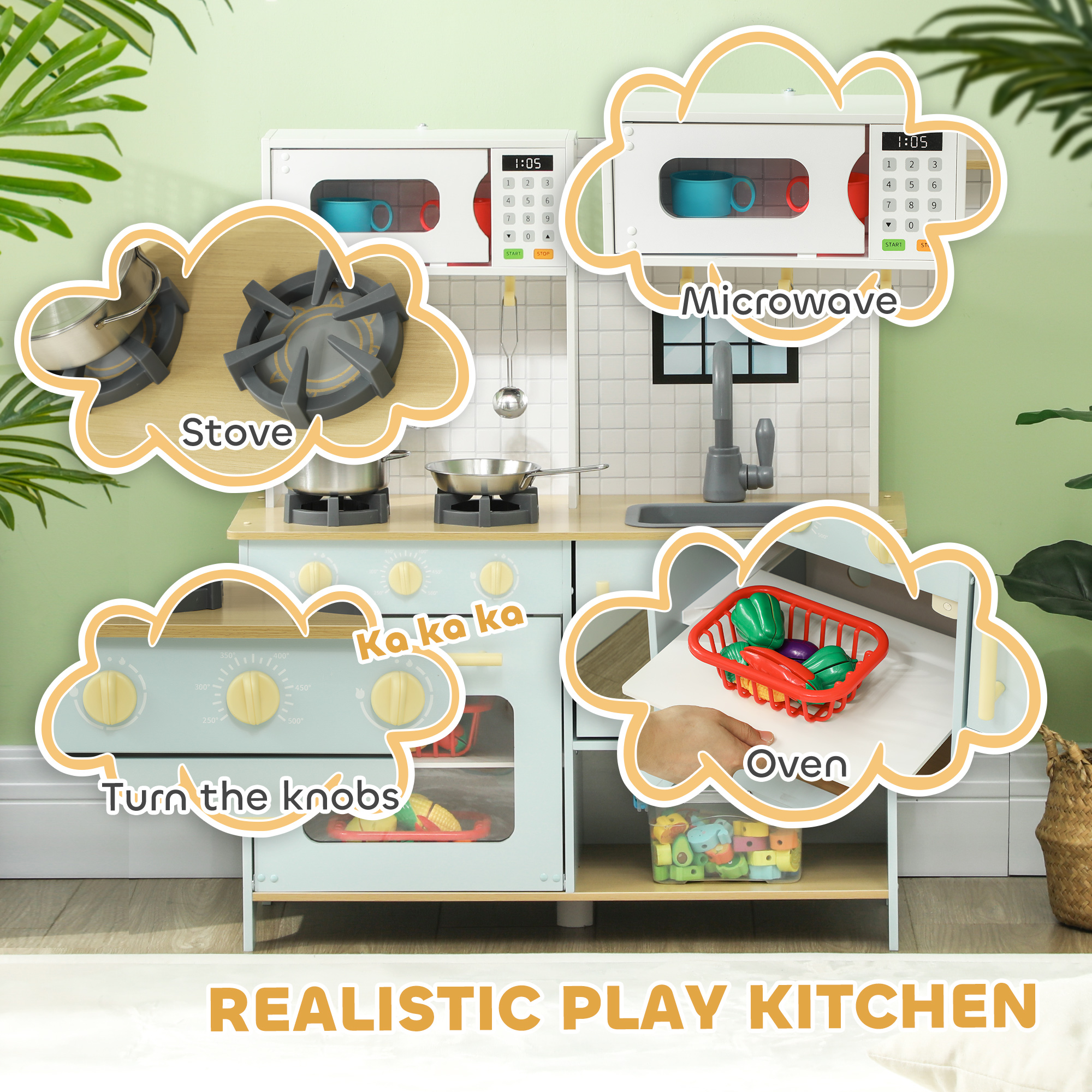 AIYAPLAY Pretend Play Kitchen, Kids Kitchen Playset with Light & Sound Stove, Turning Knobs, Cooking Accessories 4