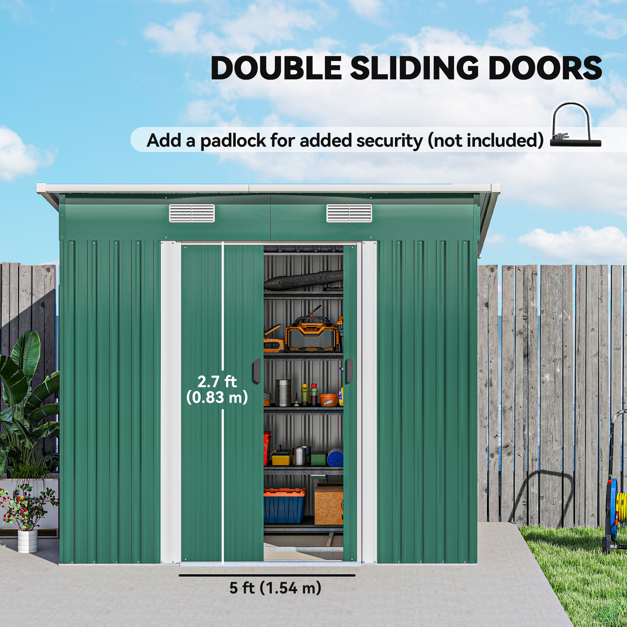 Outsunny 7 x 4ft Outdoor Storage Shed with Foundation Kit, Lean to Metal Garden Shed for Log, Rubbish Bin, Tool, Lawnmower, Bike, Patio and Lawn Use, Green 5