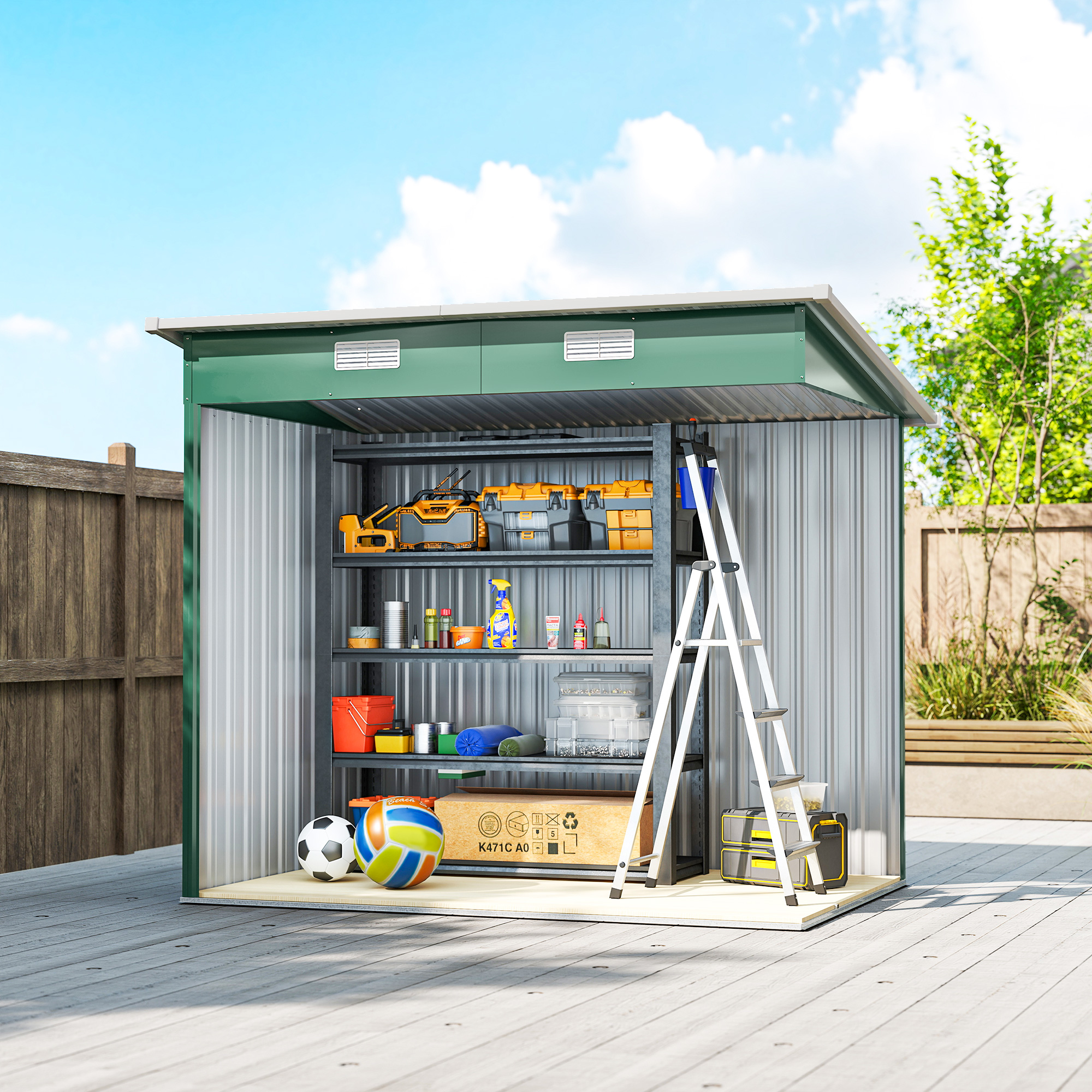 Outsunny 7 x 4ft Outdoor Storage Shed with Foundation Kit, Lean to Metal Garden Shed for Log, Rubbish Bin, Tool, Lawnmower, Bike, Patio and Lawn Use, Green 8
