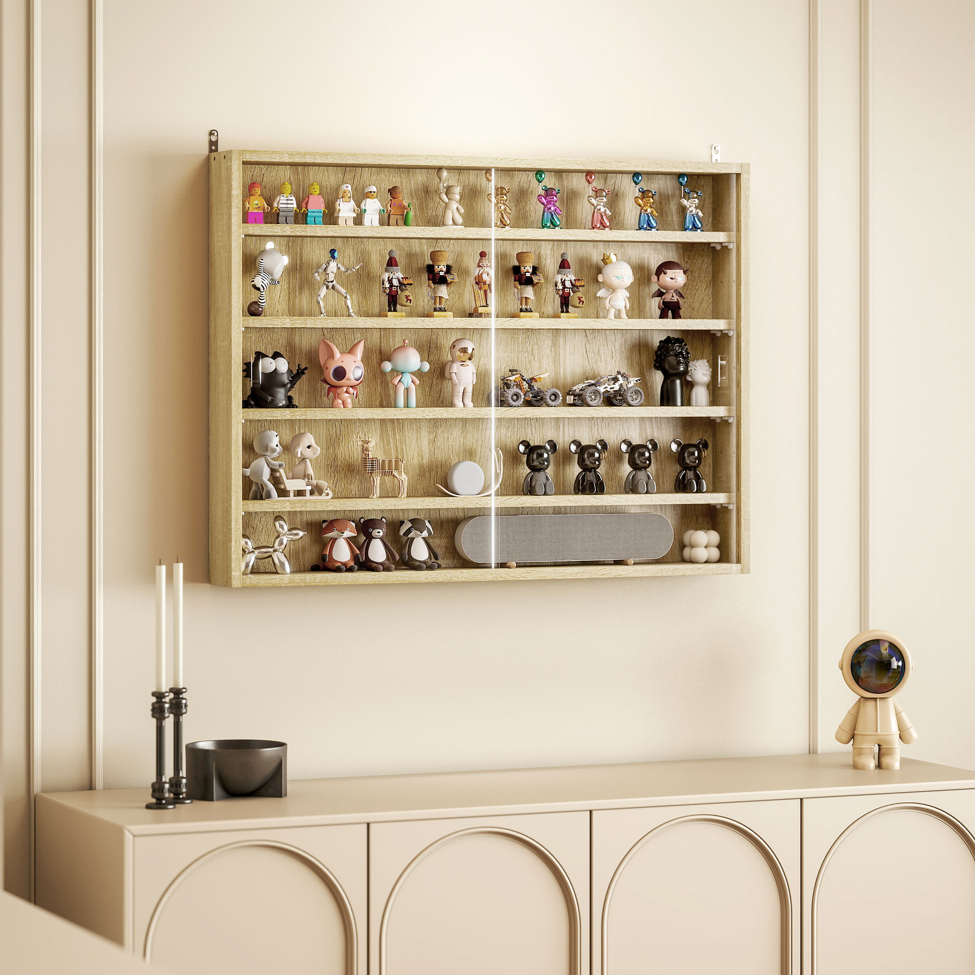 HOMCOM 5-Tier Wall Display Shelf Unit Cabinet w/ 4 Adjustable Shelves Glass Doors Home Office Ornaments 60x80cm Oak 8