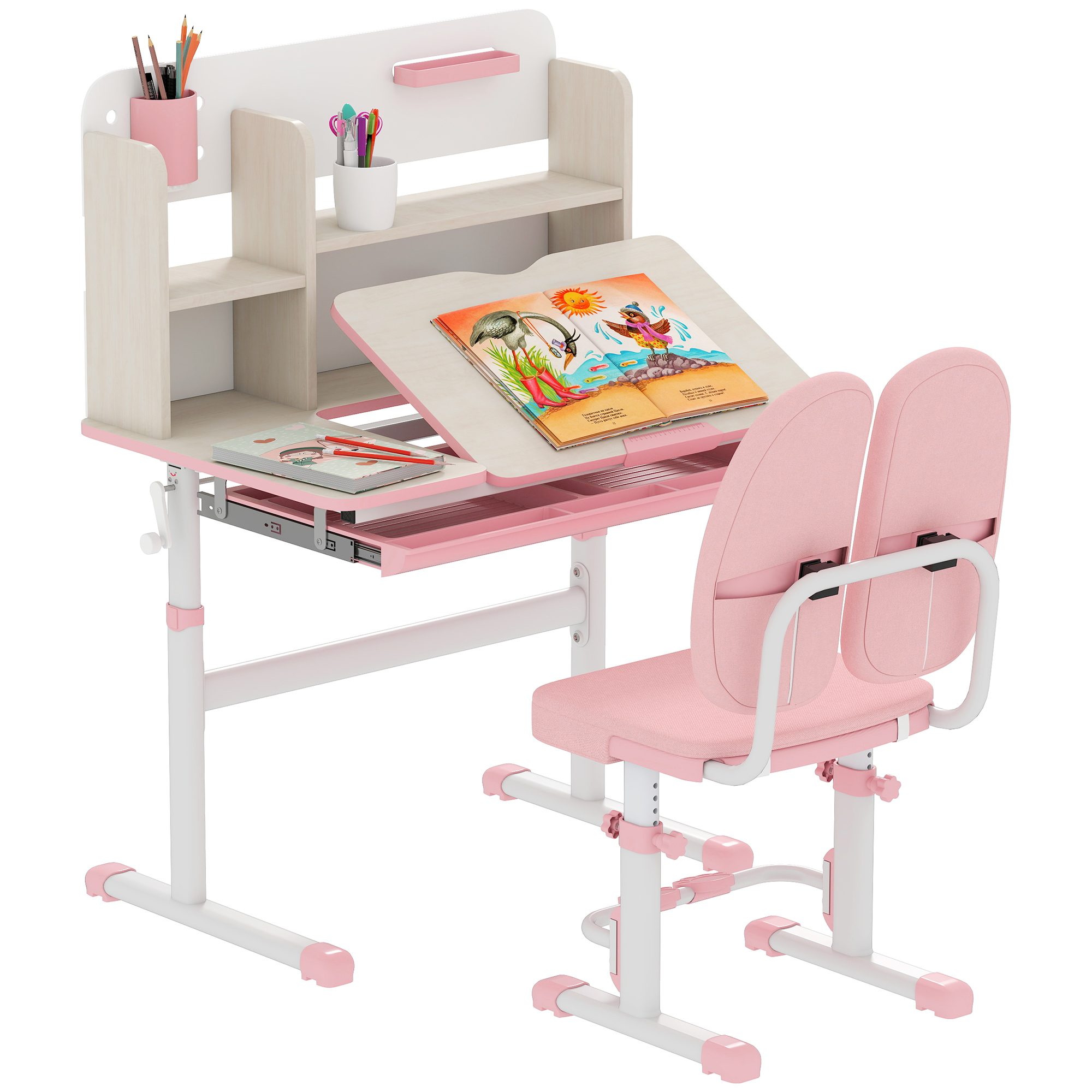 Photos - Kids Furniture HOMCOM Kids Desk and Chair Set, Height Adjustable Kids School Desk & Chair Set w/ Shelves, Washable Cover, Anti-Slip Mat for 