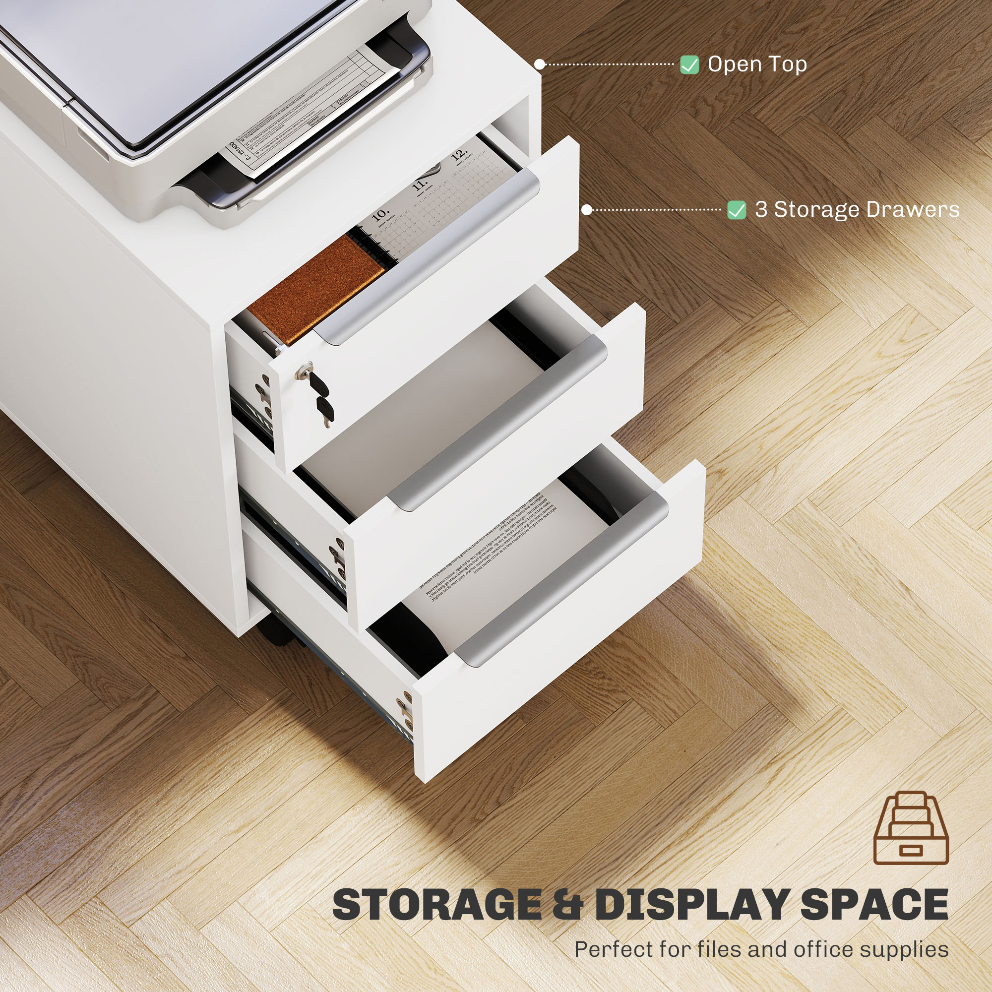 HOMCOM Three-Drawer Locking Filing Cabinet White 4