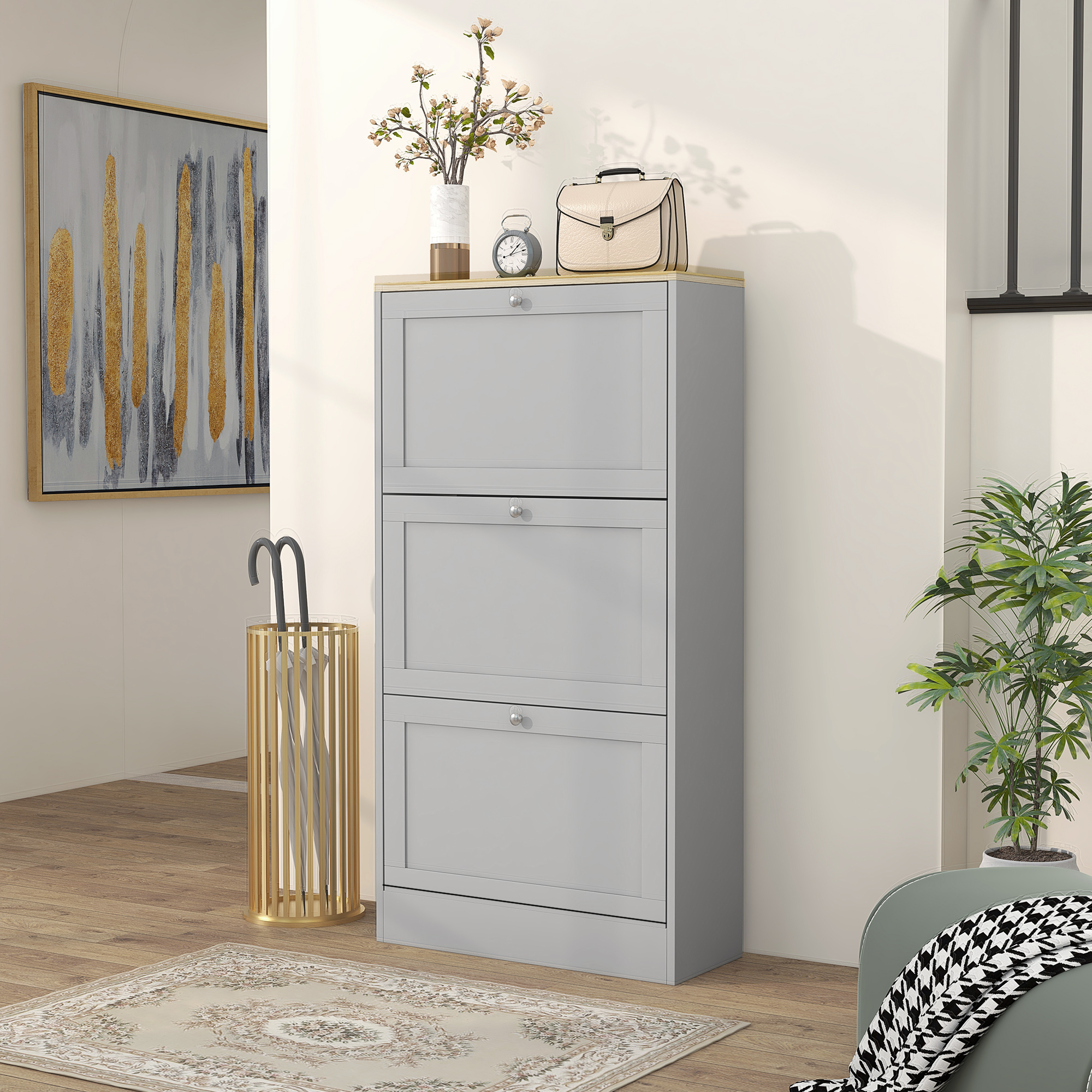 HOMCOM Modern Compact Three-Drawer Shoe Storage Cabinet Grey 8