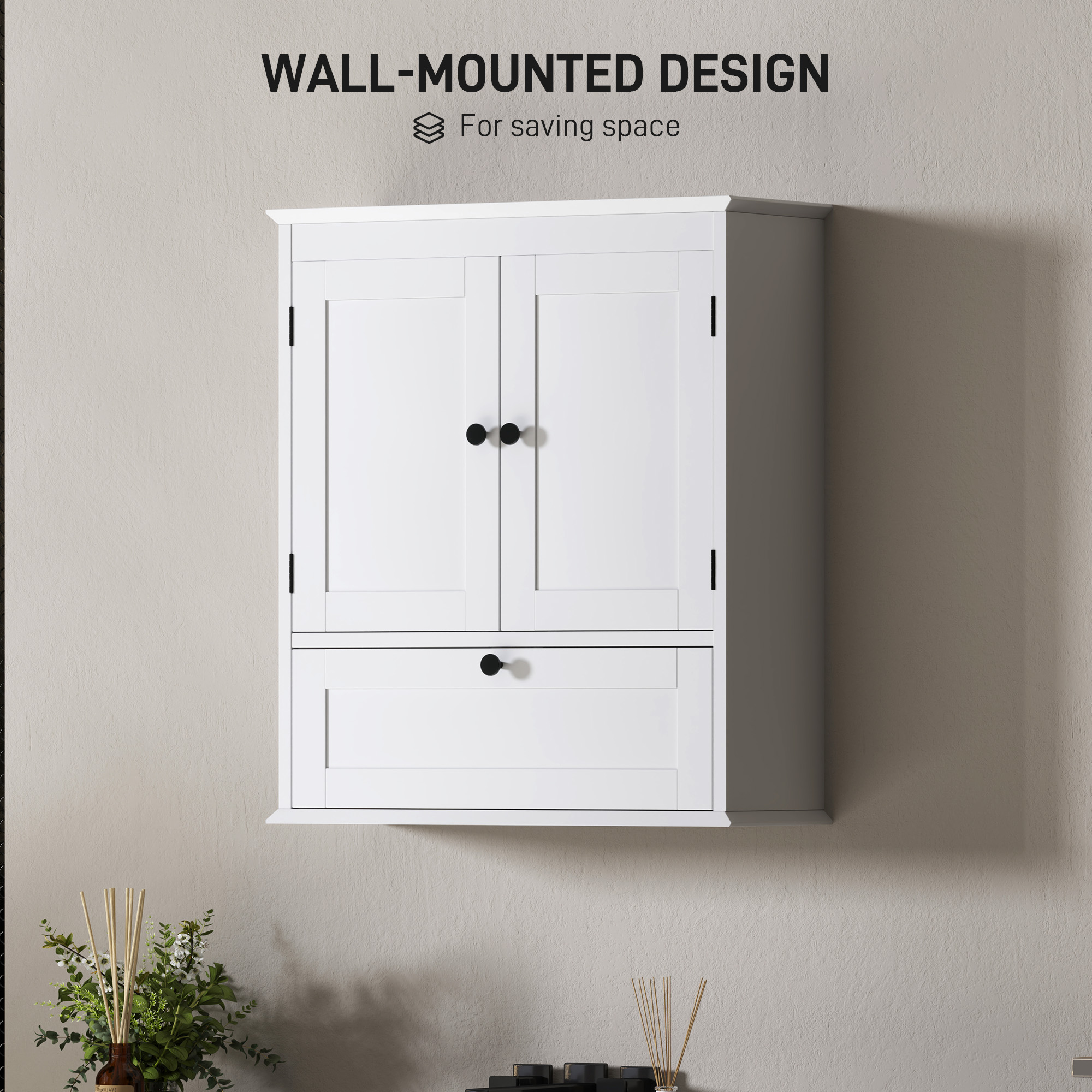 HOMCOM Bathroom Wall Cabinet with Adjustable Shelf and Recessed Doors, White 4