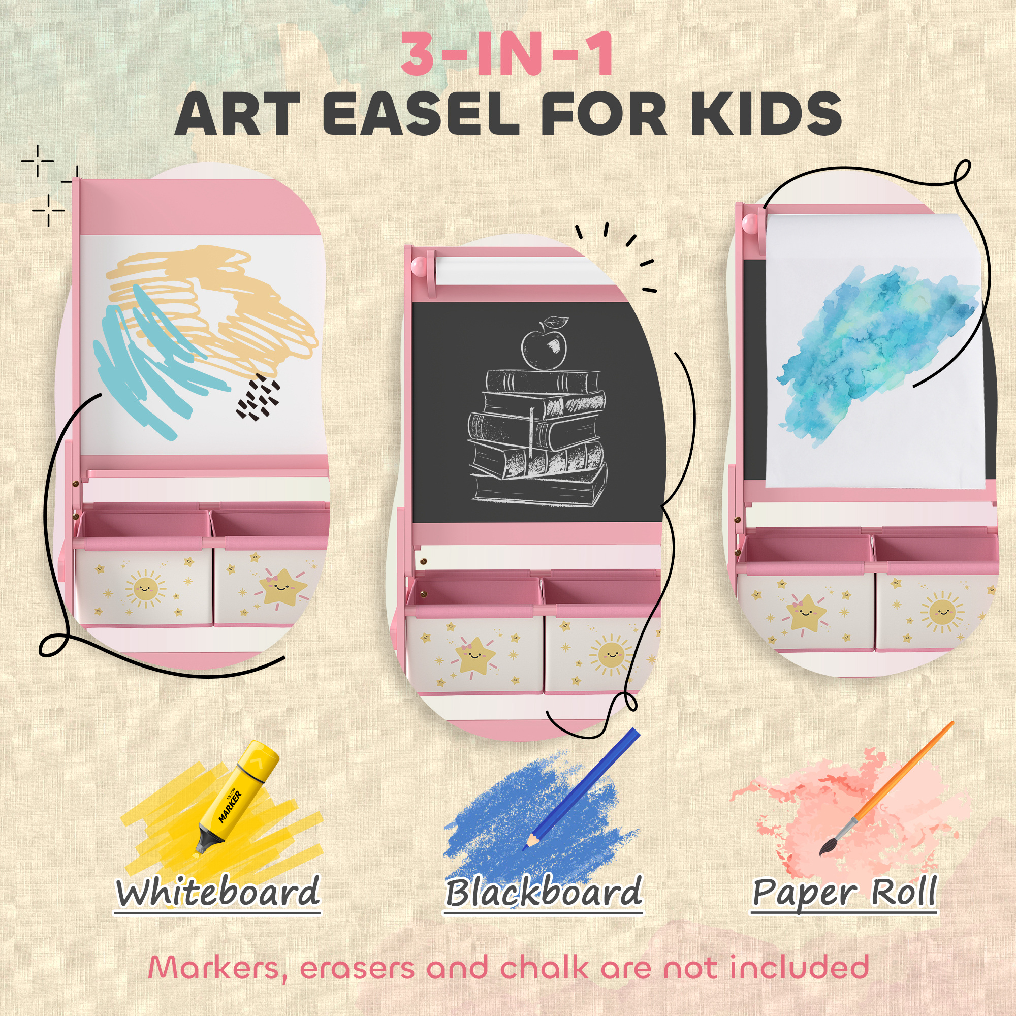 AIYAPLAY Art Easel for Kids, Double-Sided Whiteboard/Blackboard with Paper Roll, Two Storage Boxes, for Ages 3-8 Years, Pink 4