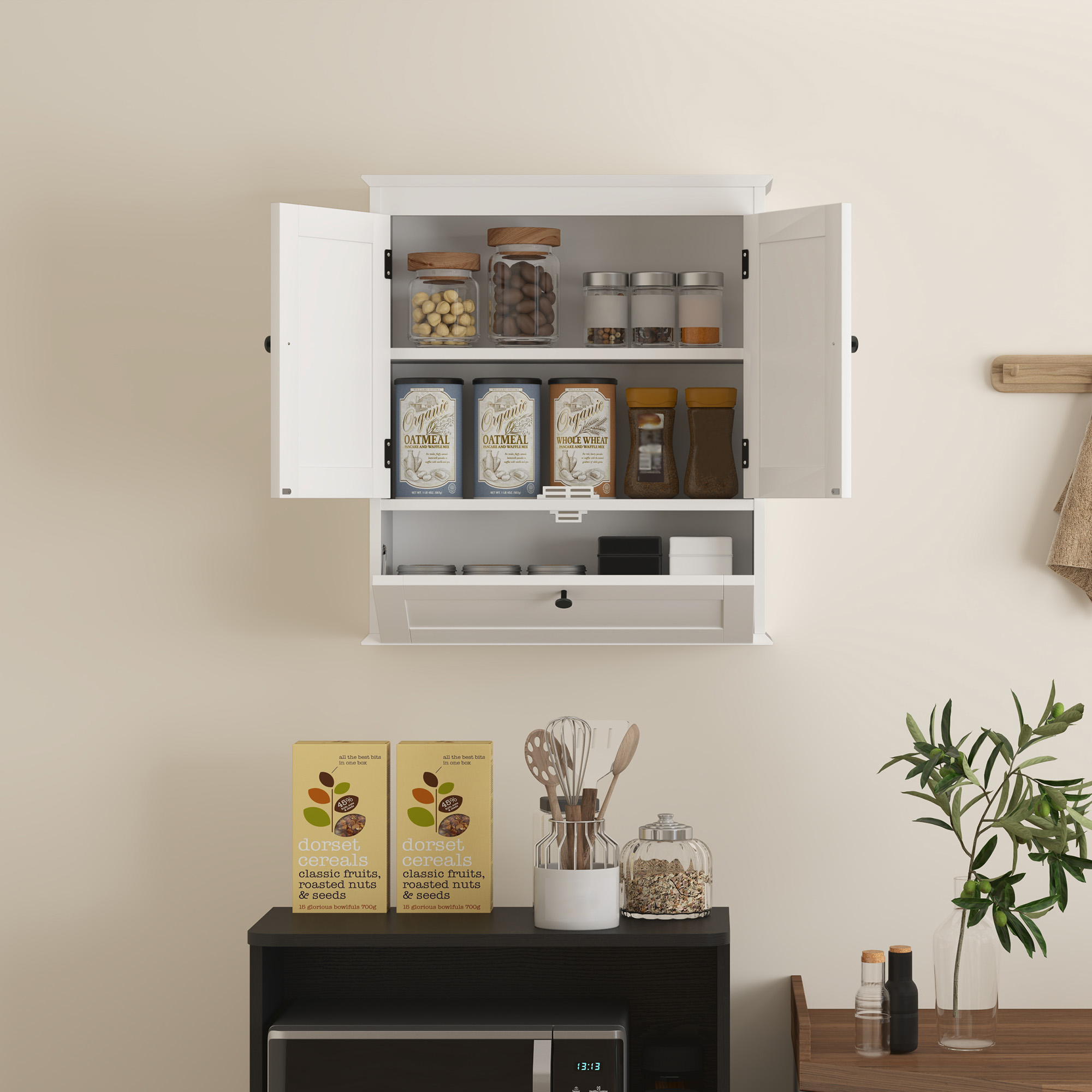 HOMCOM Bathroom Wall Cabinet with Adjustable Shelf and Recessed Doors, White 8