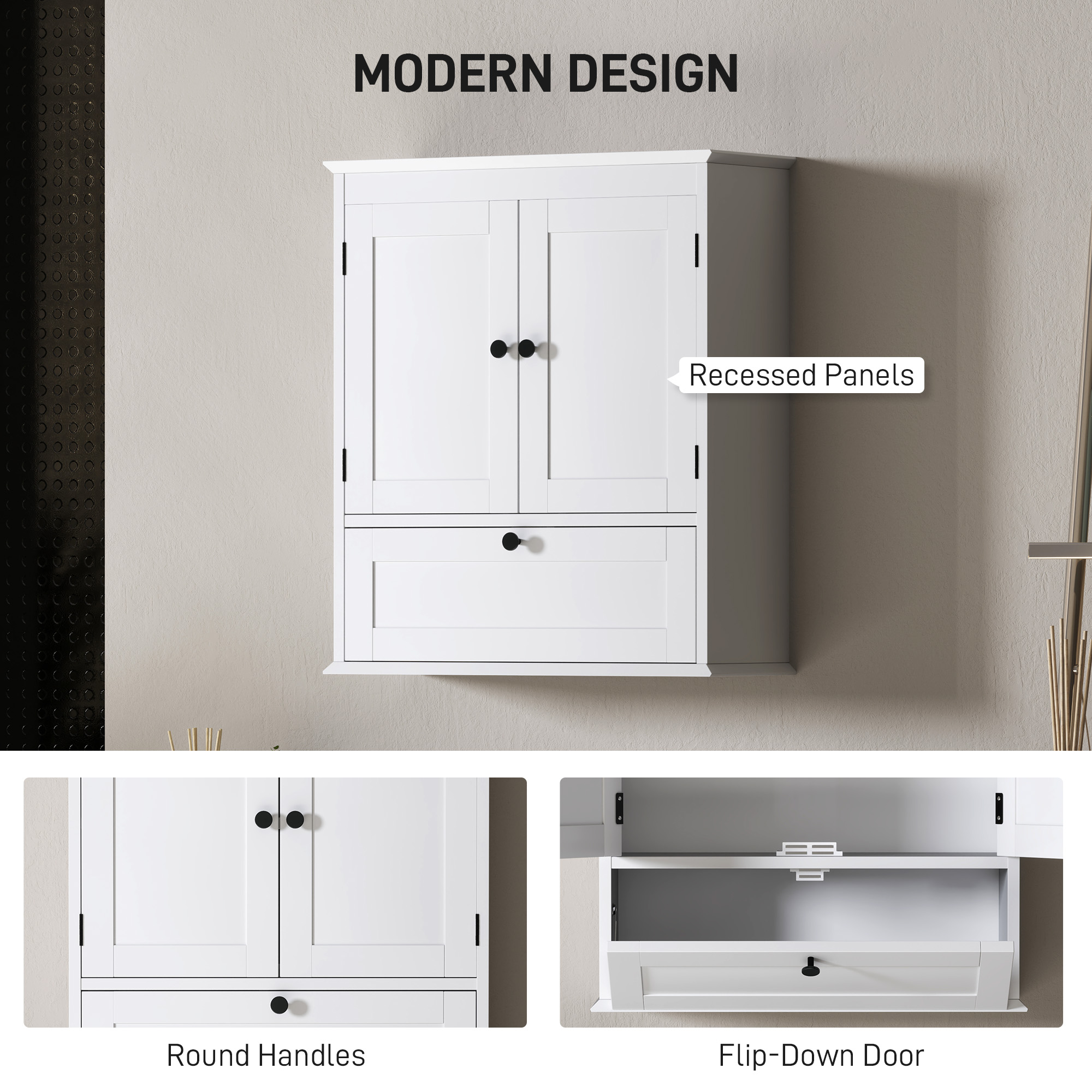 HOMCOM Bathroom Wall Cabinet with Adjustable Shelf and Recessed Doors, White 6