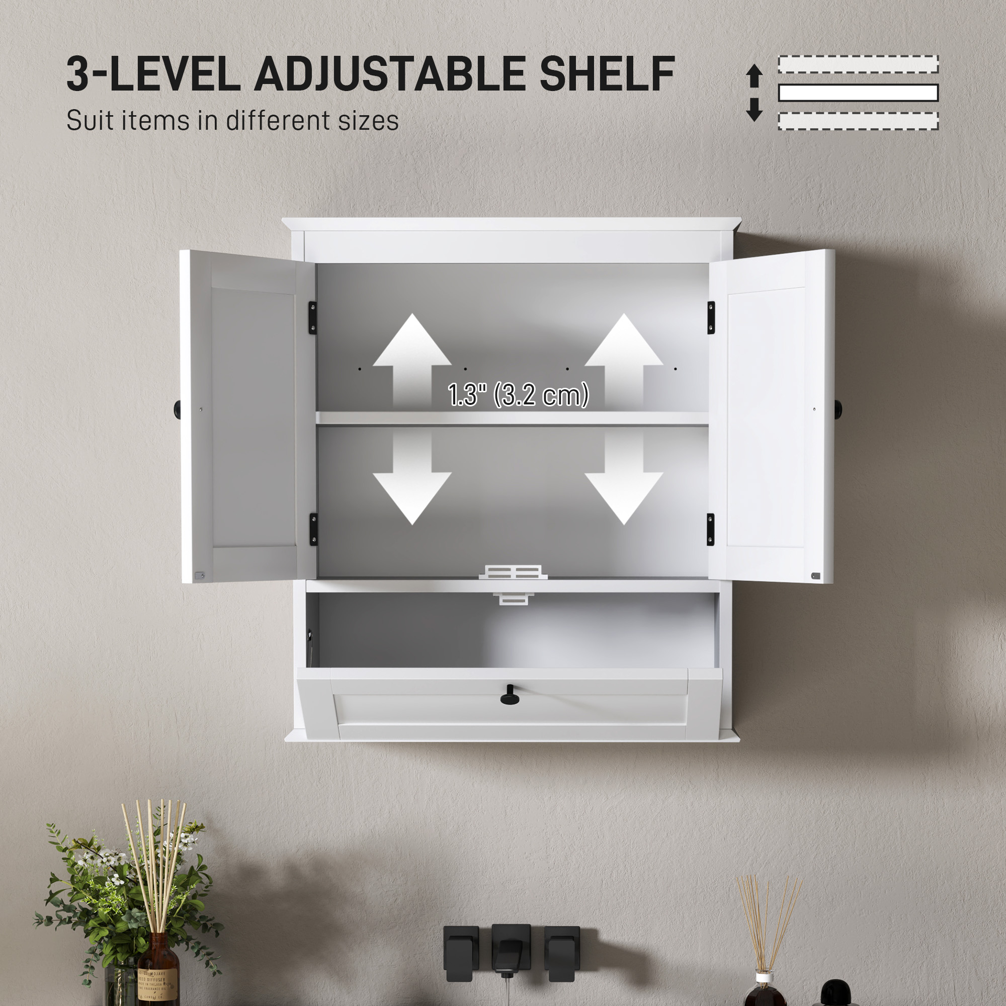 HOMCOM Bathroom Wall Cabinet with Adjustable Shelf and Recessed Doors, White 5