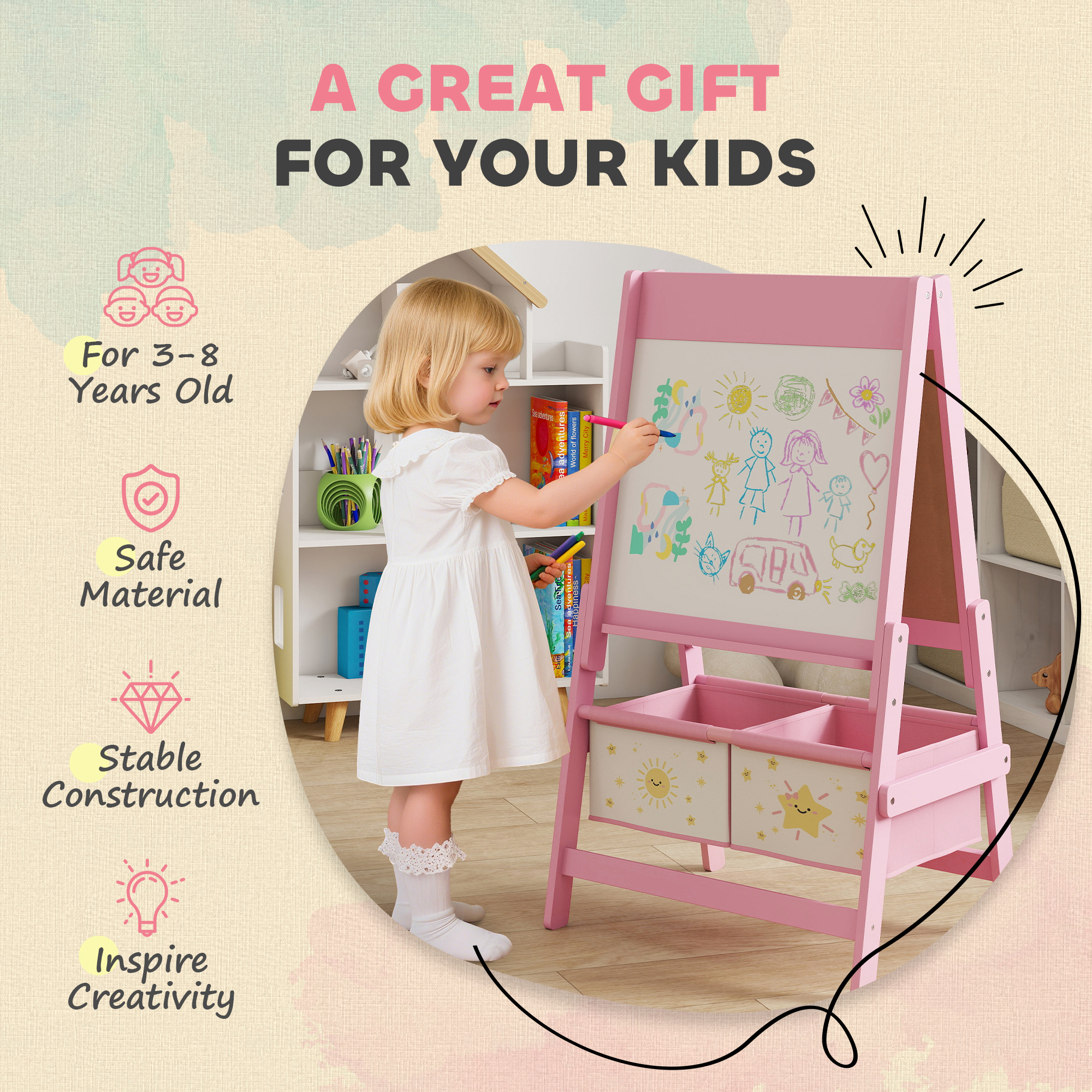 AIYAPLAY Art Easel for Kids, Double-Sided Whiteboard/Blackboard with Paper Roll, Two Storage Boxes, for Ages 3-8 Years, Pink 6