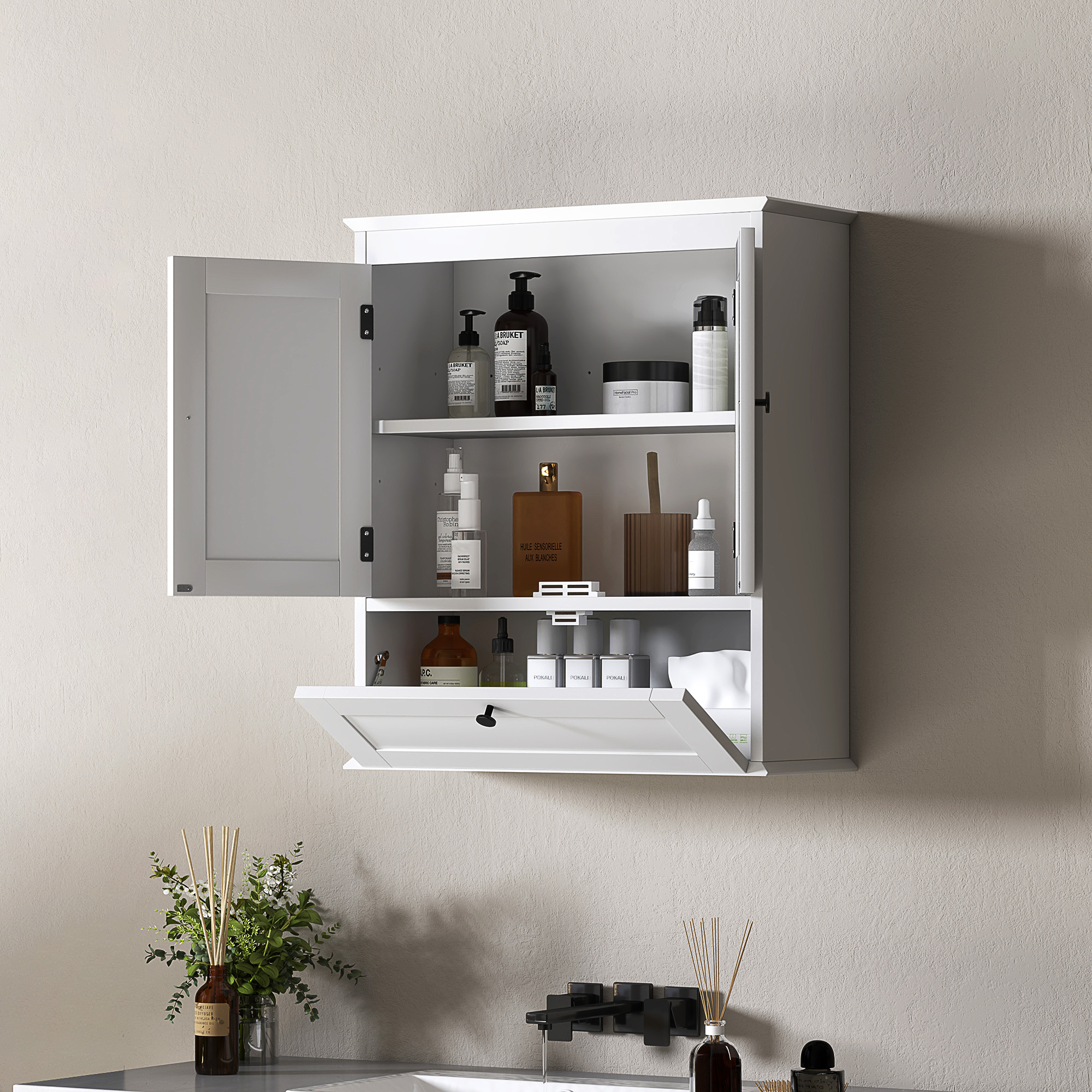HOMCOM Bathroom Wall Cabinet with Adjustable Shelf and Recessed Doors, White 9