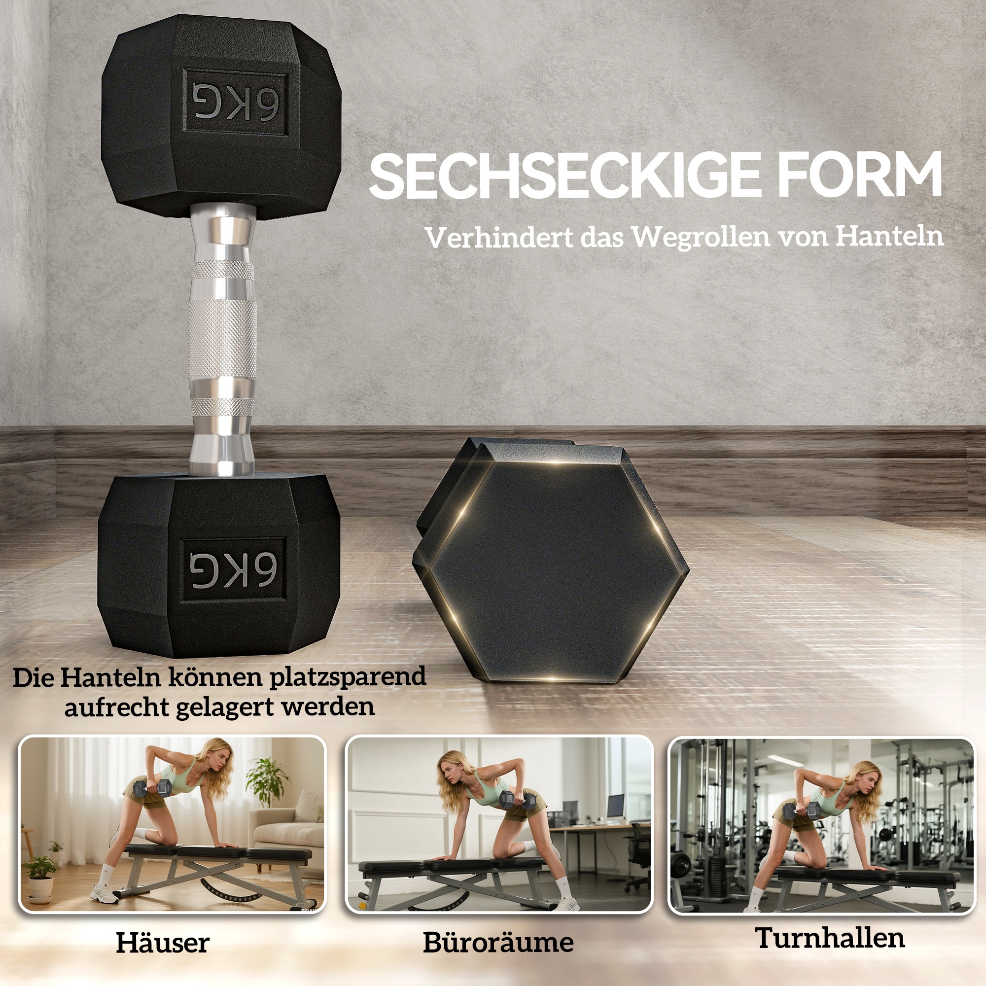 Kuusnurksed hantlid, 2 hantli komplekt rihveldatud käepidemetega, malmist hantlikomplekt, 2 x 6 kg, hantlid meestele ja naistele, kodu, jõusaal, jõutreening