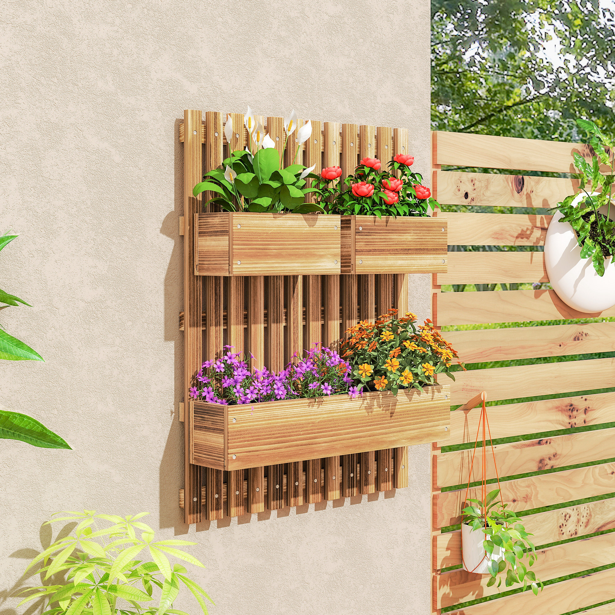 Outsunny Wall-mounted Wooden Garden Planters with Trellis, Drainage Holes and 3 Planter Boxes for Patio, Carbonised 2