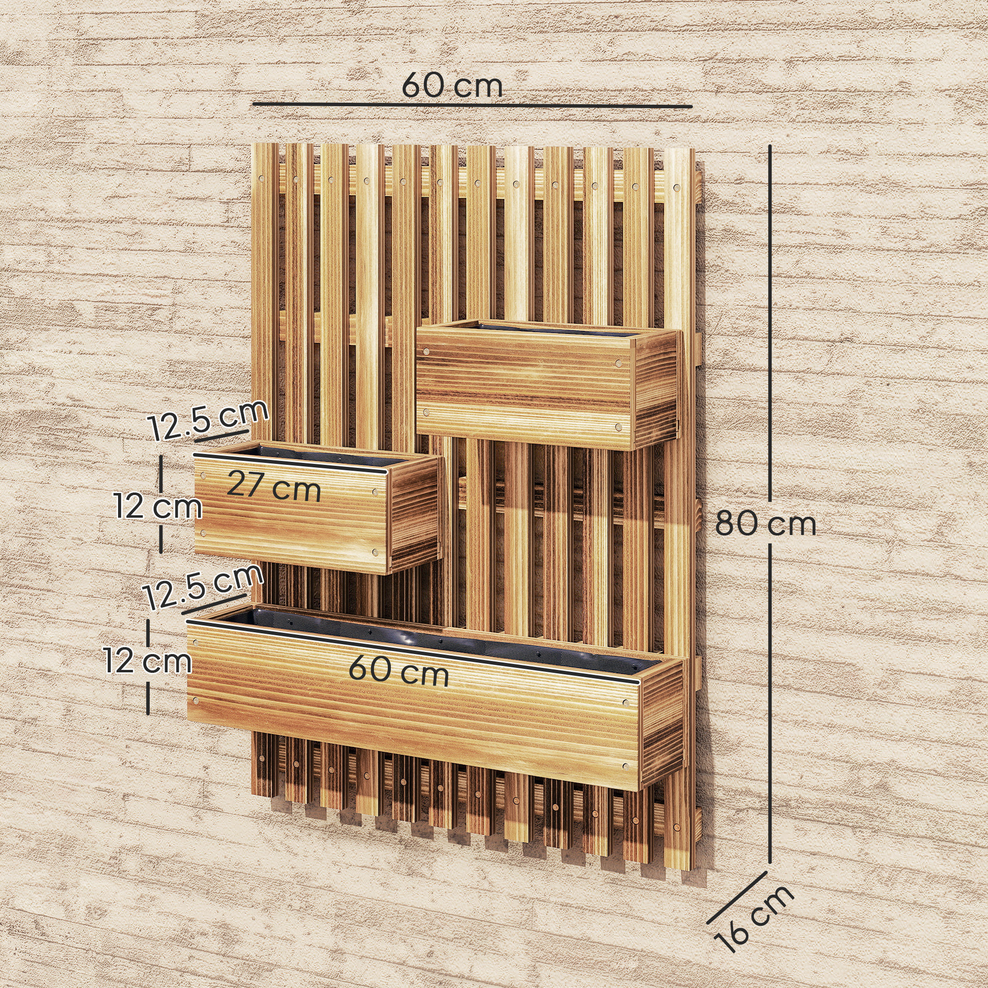 Outsunny Wall-mounted Wooden Garden Planters with Trellis, Drainage Holes and 3 Planter Boxes for Patio, Carbonised 3