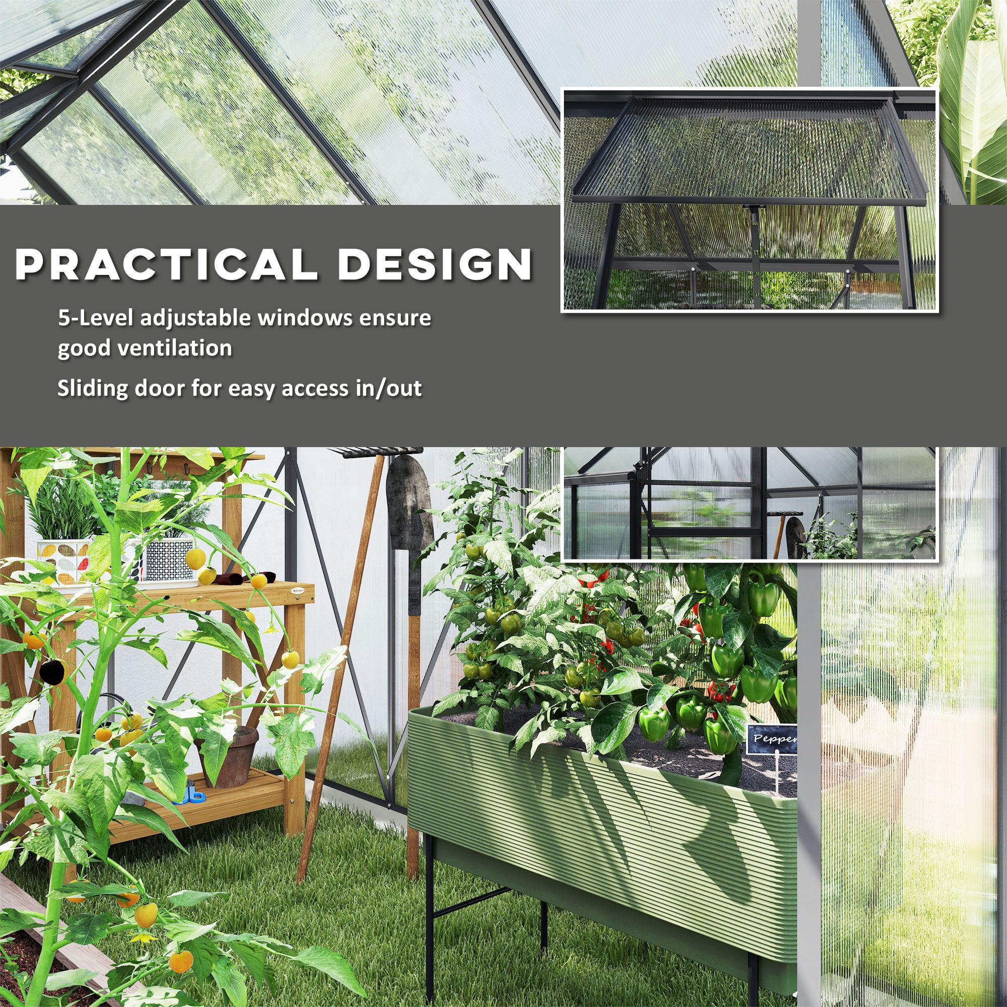 Outsunny 190 x 253 cm Walk-In Polycarbonate Greenhouse Dark Grey 5