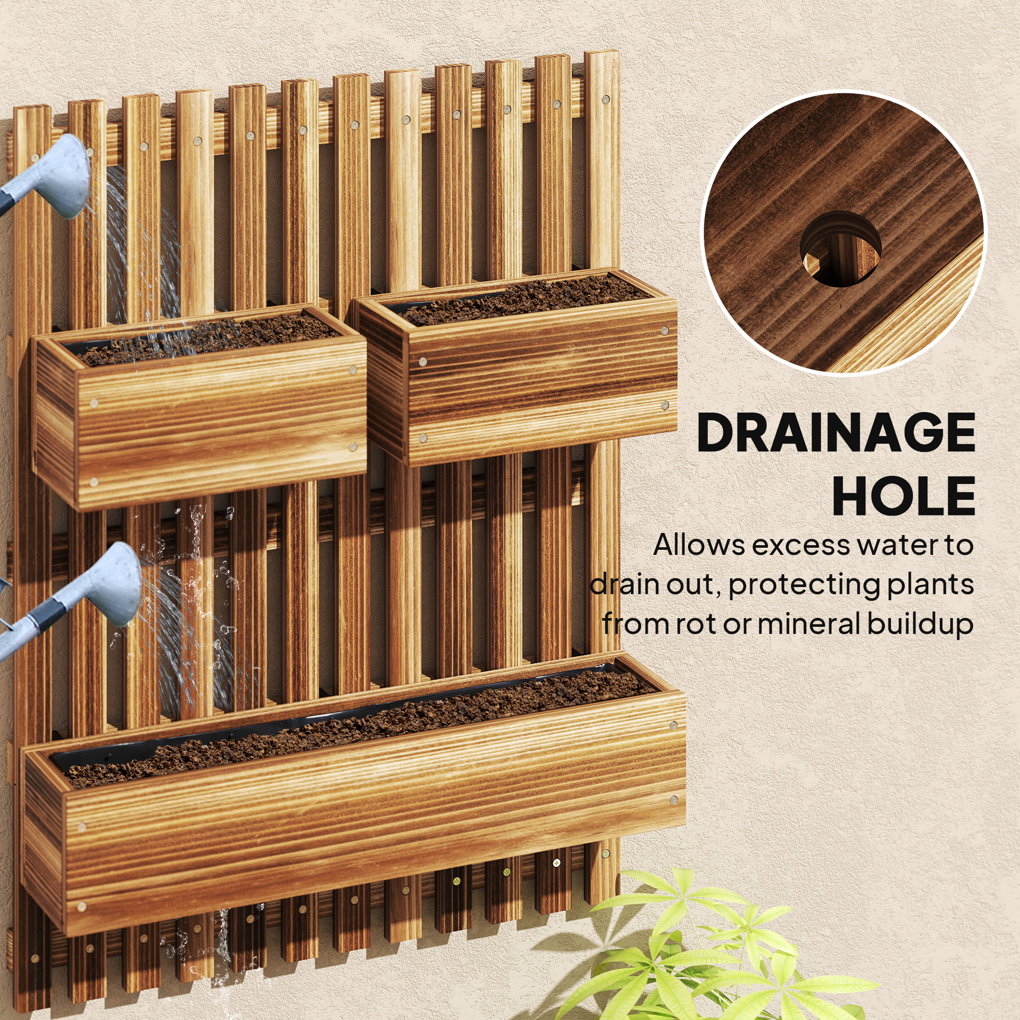 Outsunny Wall-mounted Wooden Garden Planters with Trellis, Drainage Holes and 3 Planter Boxes for Patio, Carbonised 7