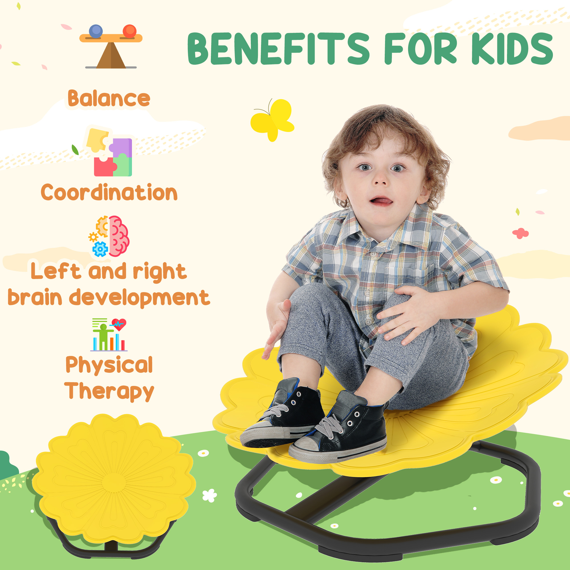 AIYAPLAY Flower-Shaped Sensory Spinning Chair with Non-Slip Base for Balance/Coordination, Yellow 4