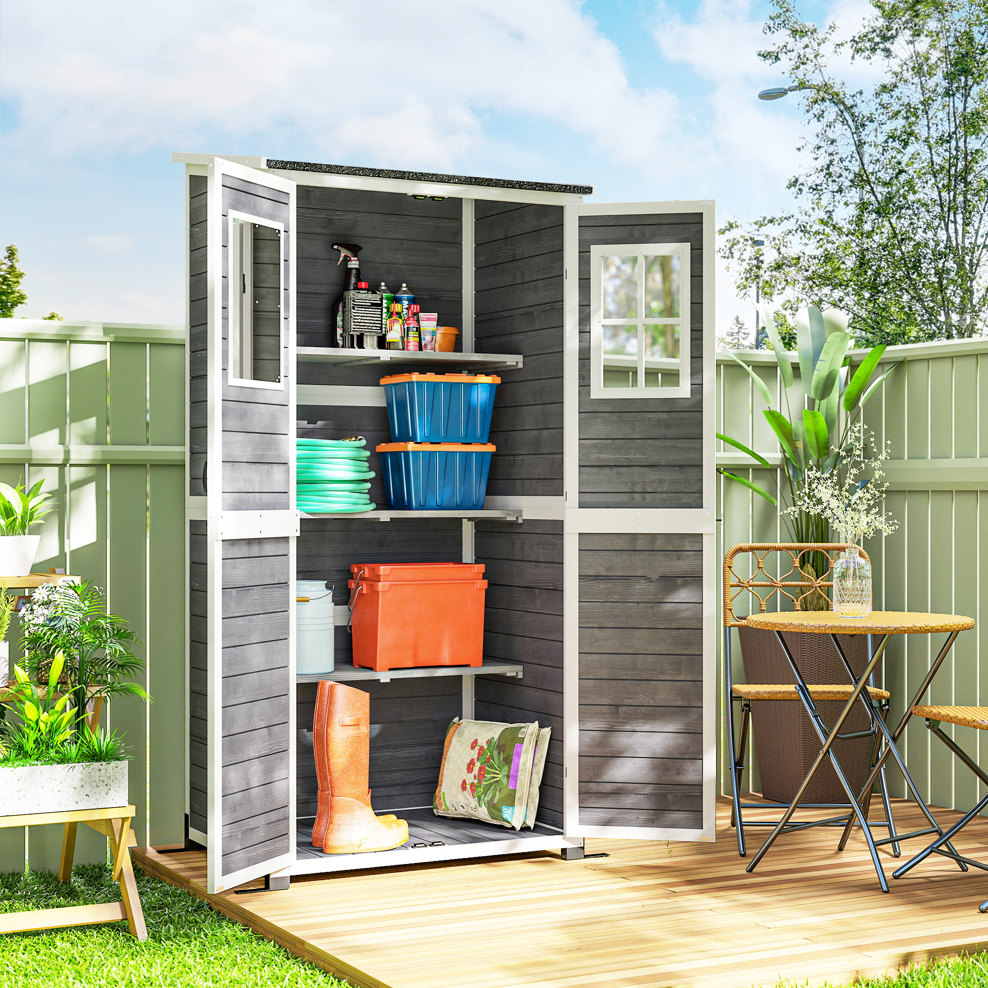 Outsunny Gartenschrank Holz, Geräteschuppen mit Abschließbar Tür 2 Fenstern günstig online kaufen