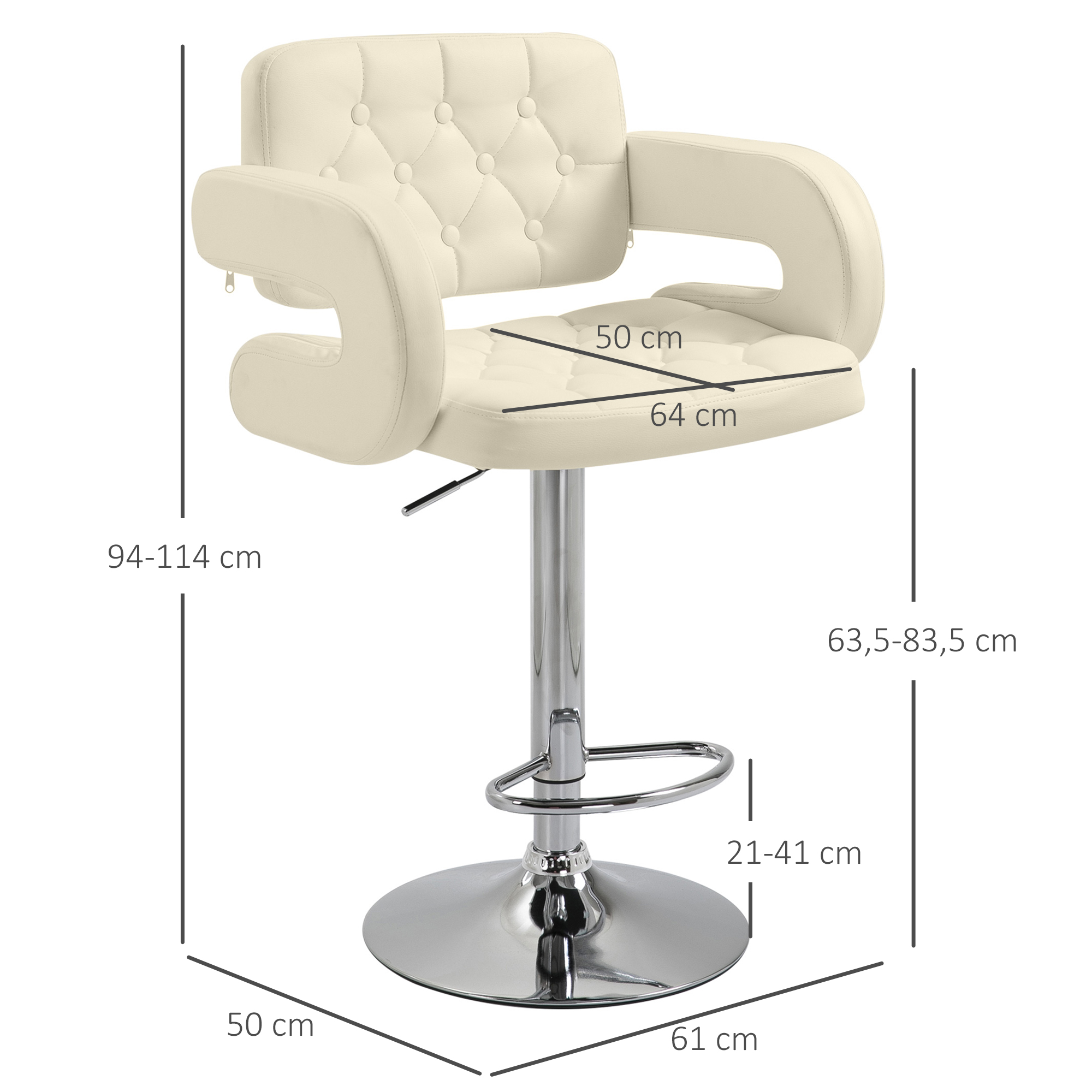 HOMCOM PU Leather Upholstered Swivel Bar Stool, Height Adjustable with Back, Armrest, Footrest, Beige 3