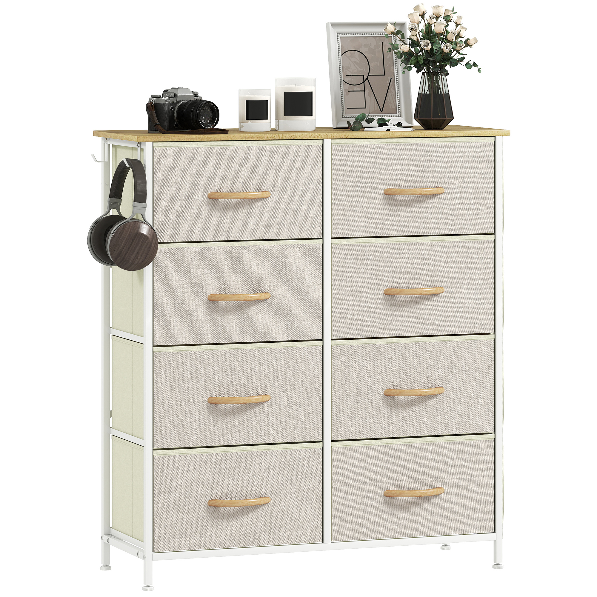 HOMCOM Commode 8 tiroirs en tissu, meuble de rangement avec 4 poches, 2 crochets, structure en acier, 86 x 30 x 94,5 cm, beige