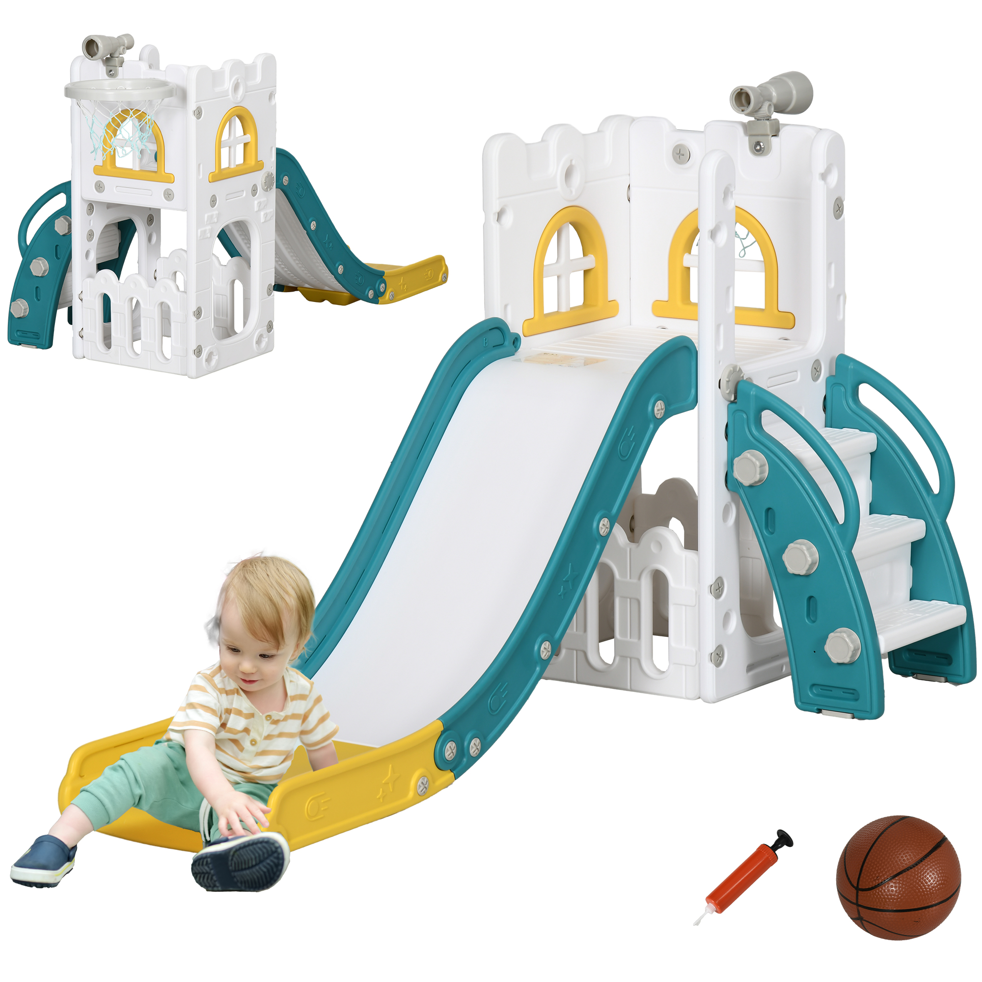 AIYAPLAY Scivolo 7 In 1 Per Bambini Da 1 A 6 Anni - Con Canestro, Telescopio, Tunnel E Cestino Portaoggetti