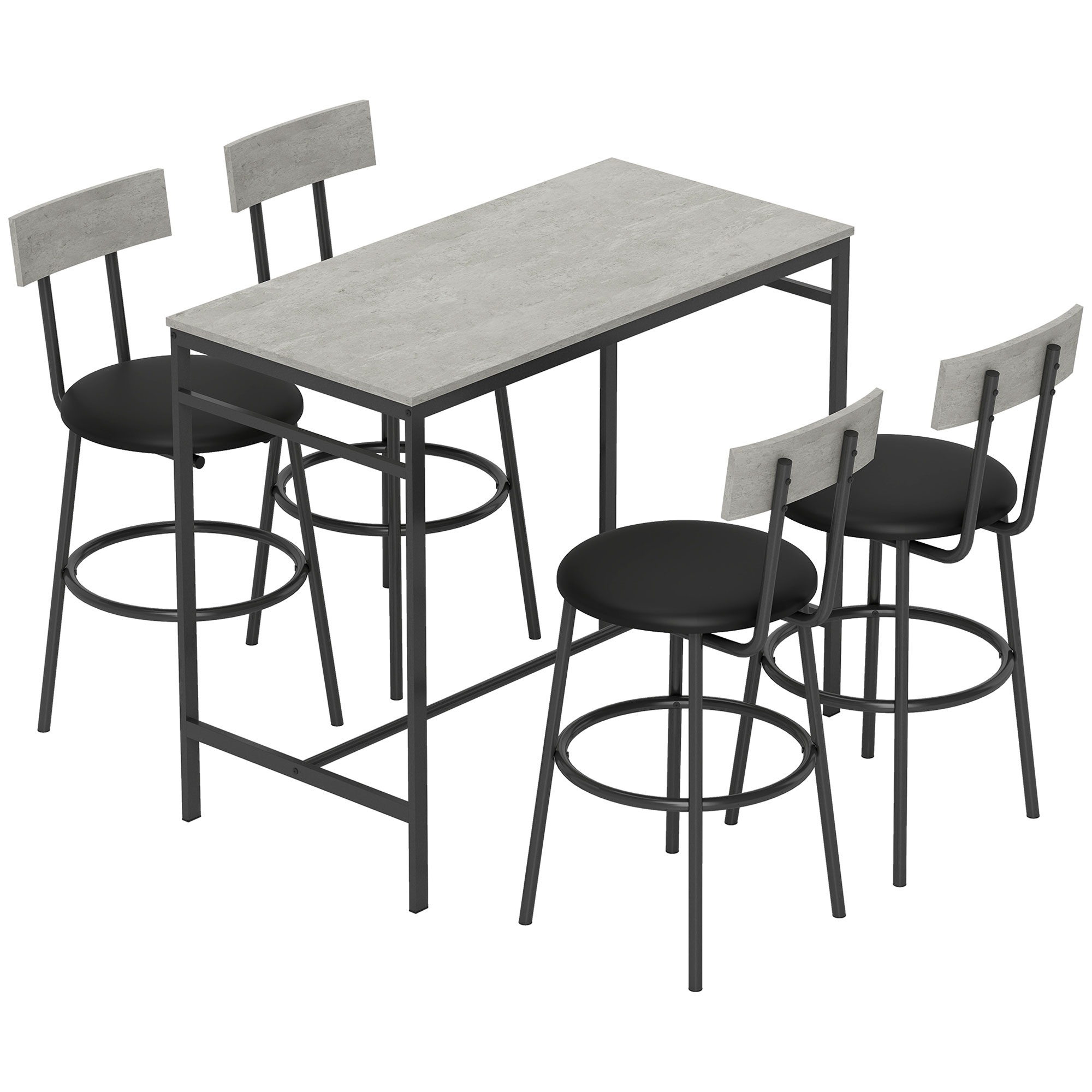 HOMCOM Juego de Mesa Alta y 4 Taburetes de Bar con Respaldo y Reposapiés de Estilo Industrial, Gris Cemento