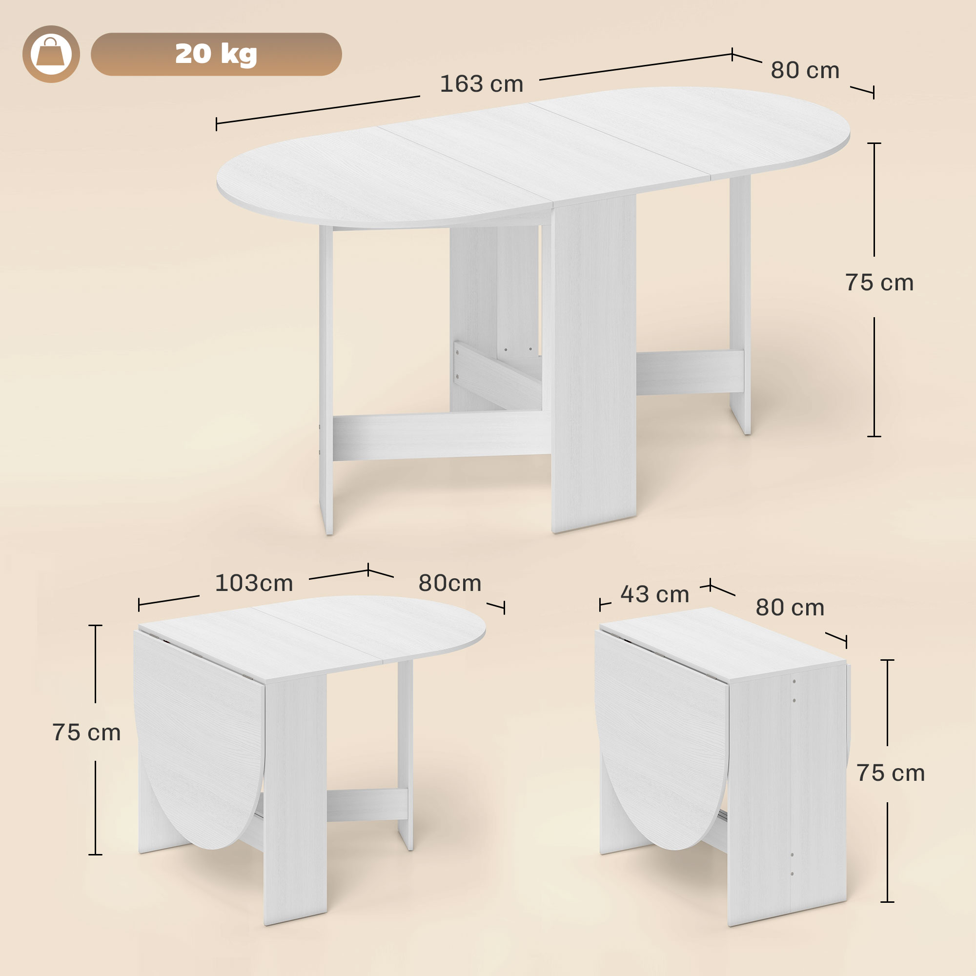 HOMCOM Folding Dining Table, Drop Leaf Table for Small Spaces, Oval Tabletop for Dining Room, Ash Wood-Effect 3