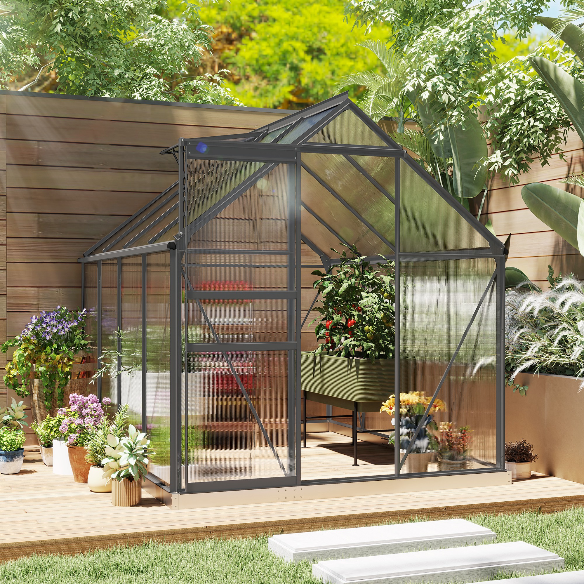 Outsunny 190 x 253 cm Walk-In Polycarbonate Greenhouse Dark Grey 2