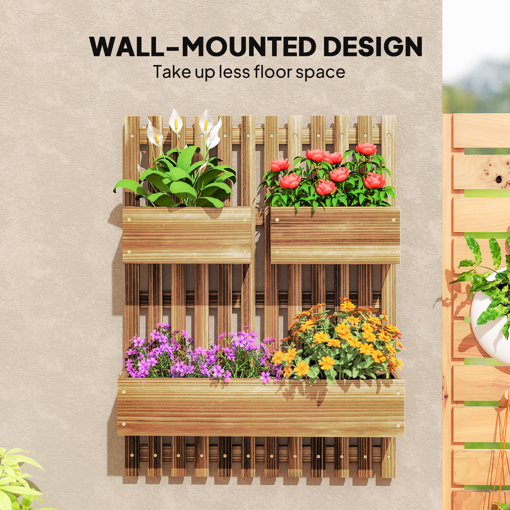 Outsunny Wall-mounted Wooden Garden Planters with Trellis, Drainage Holes and 3 Planter Boxes for Patio, Carbonised 4