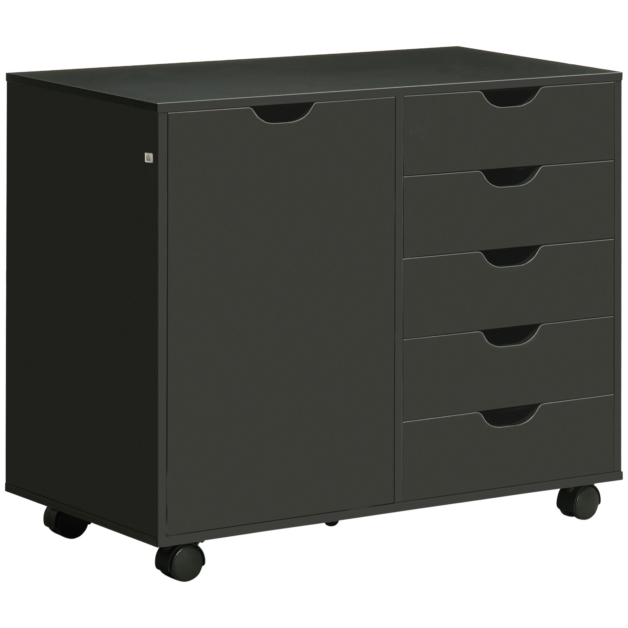 HOMCOM Caisson de oficina con 5 cajones 1 puerta estante ajustable, soporte para impresora con ruedas, 78x40x66,5 cm, negro