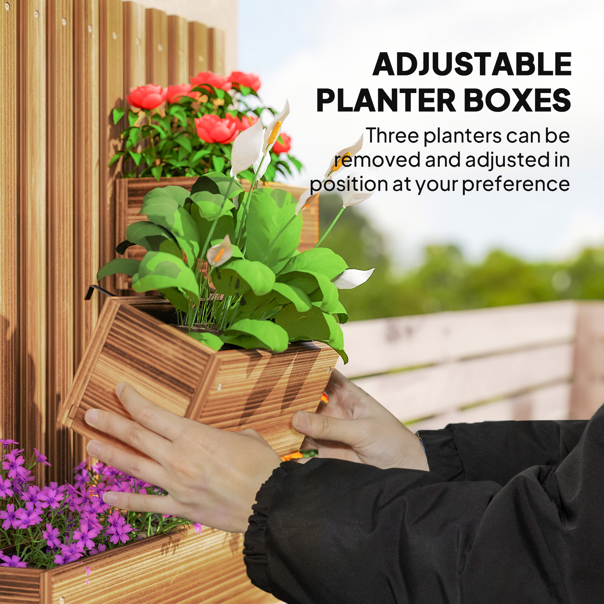 Outsunny Wall-mounted Wooden Garden Planters with Trellis, Drainage Holes and 3 Planter Boxes for Patio, Carbonised 5