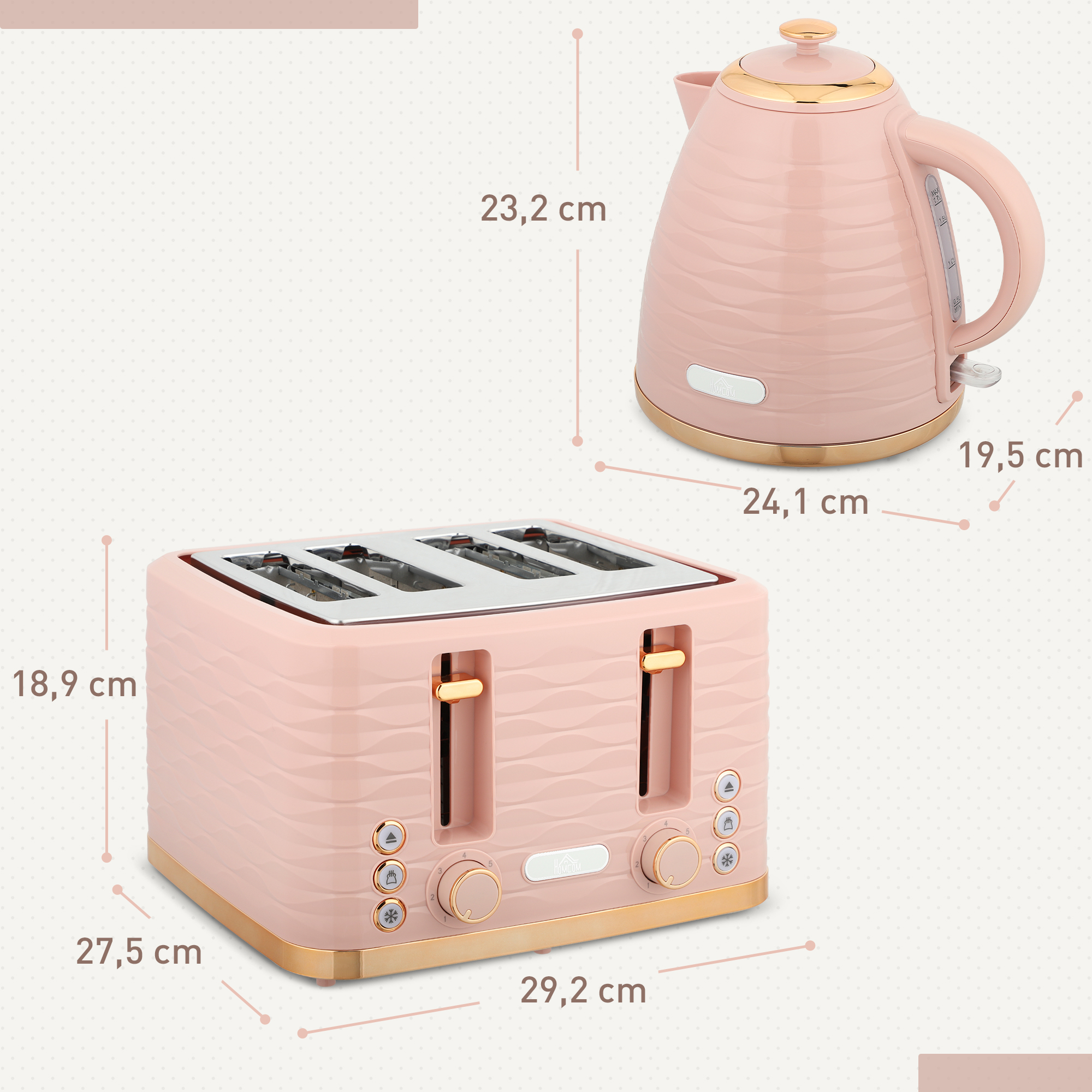 Kit Petit-déjeuner Homcom : Bouilloire 1.7L + Grille-pain 4 Tranches 2200W - 7 Niveaux, Rose
