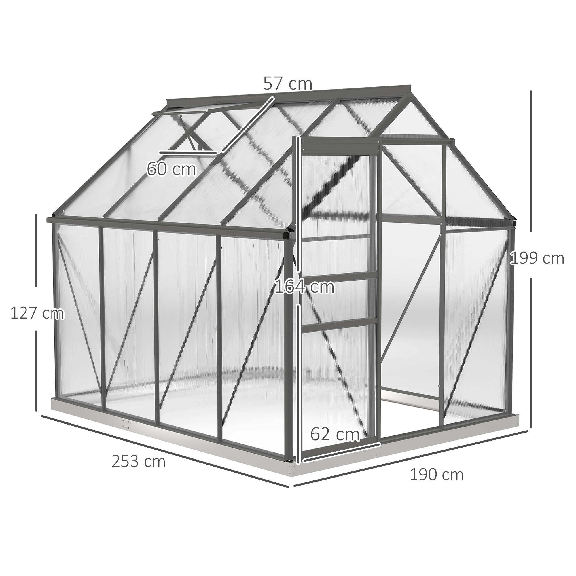 Outsunny 190 x 253 cm Walk-In Polycarbonate Greenhouse Dark Grey 3