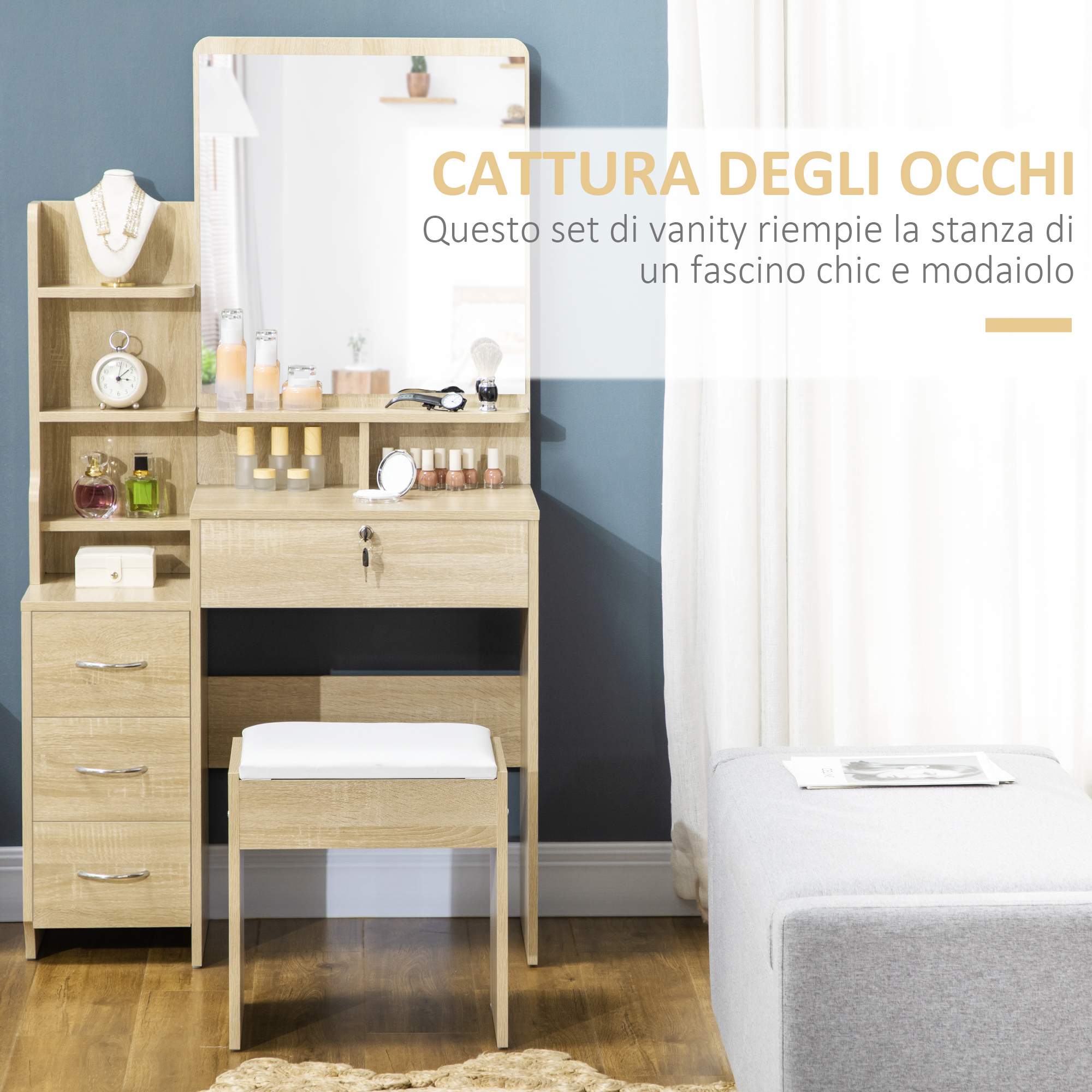 HOMCOM Set Toeletta Con Specchio Ribaltabile E Sgabello Imbottito - Scrivania Trucco Cassetto, Naturale - 2